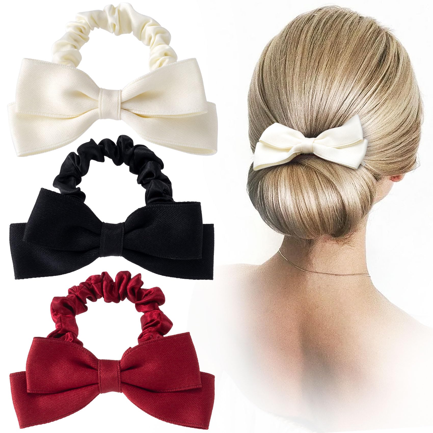 SmallCat 3pcs Bow Hair Scrunchie for Women, Non-Slip Ribbon Bowknot Hair Ties Ropes, Elastic Bow Ponytail Holder Hair Accessories for Thick Thin Long