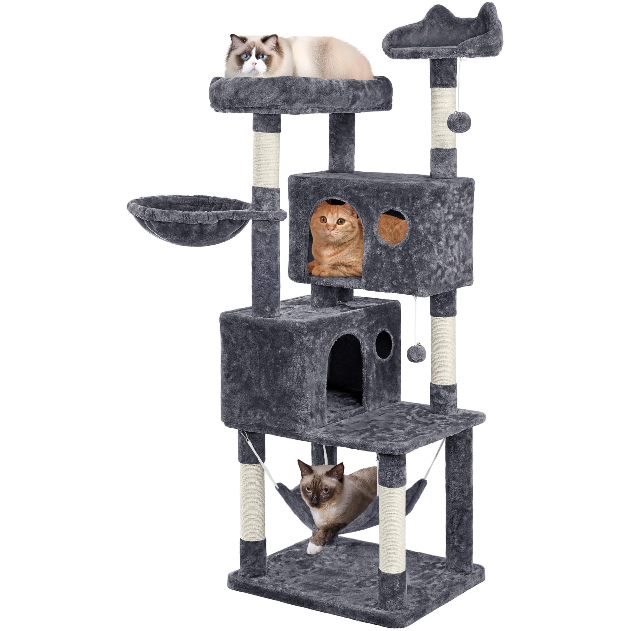 Yaheetech 64.5in Extra Large Multi-Level Cat Tree Kittens Play House Condo with Platform, Perch Hammock & Scratching Posts, Dark Gray