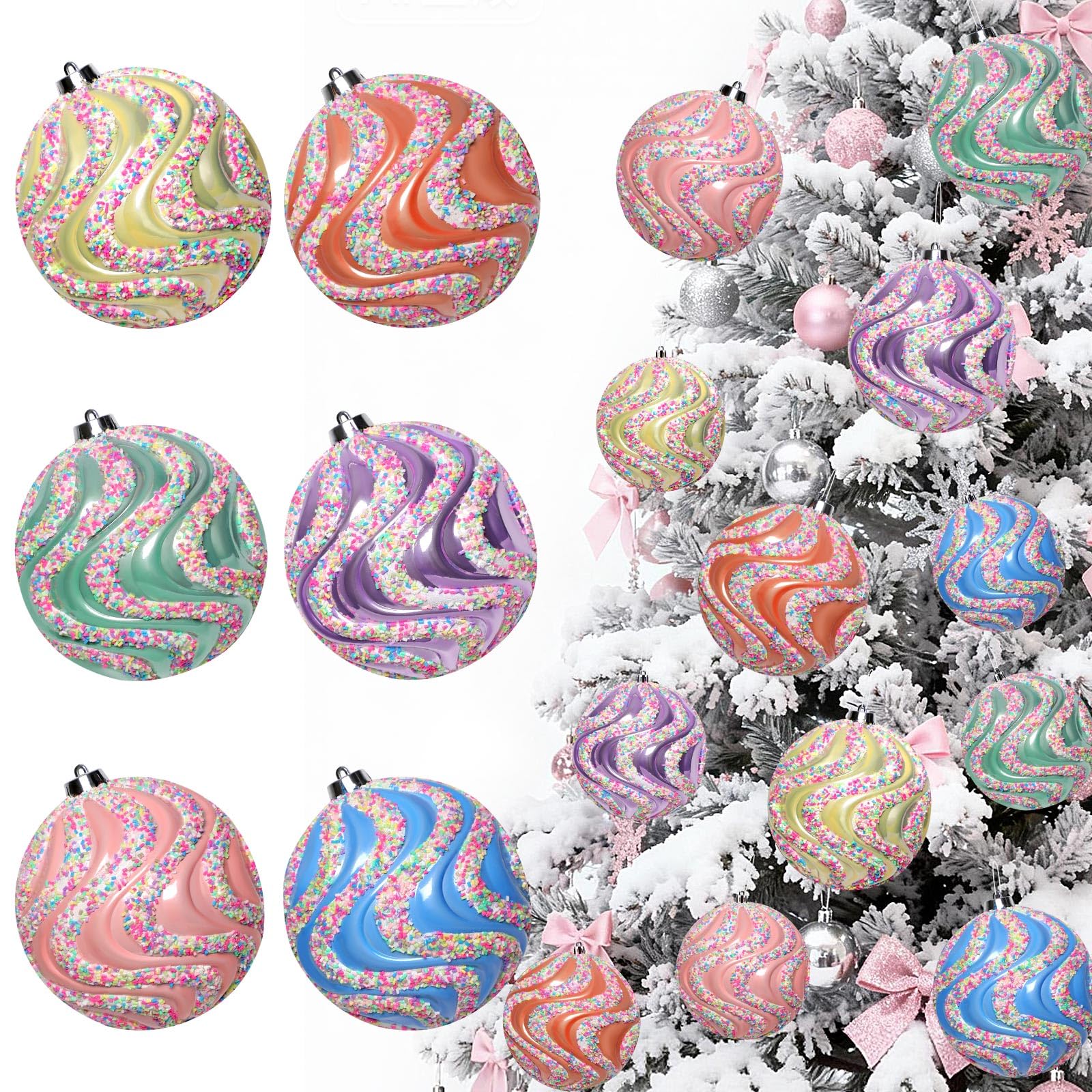 Lanpn 6 Pcs 15cm Grosse Boule de Noel Pastel Exterieur, Grande Boules Sapin Noël en Plastique, Boule Grande Incassables avec Fil Suspension, Décoration Bonbon de Arbre de Noël Jardin Pelouse Fêtes