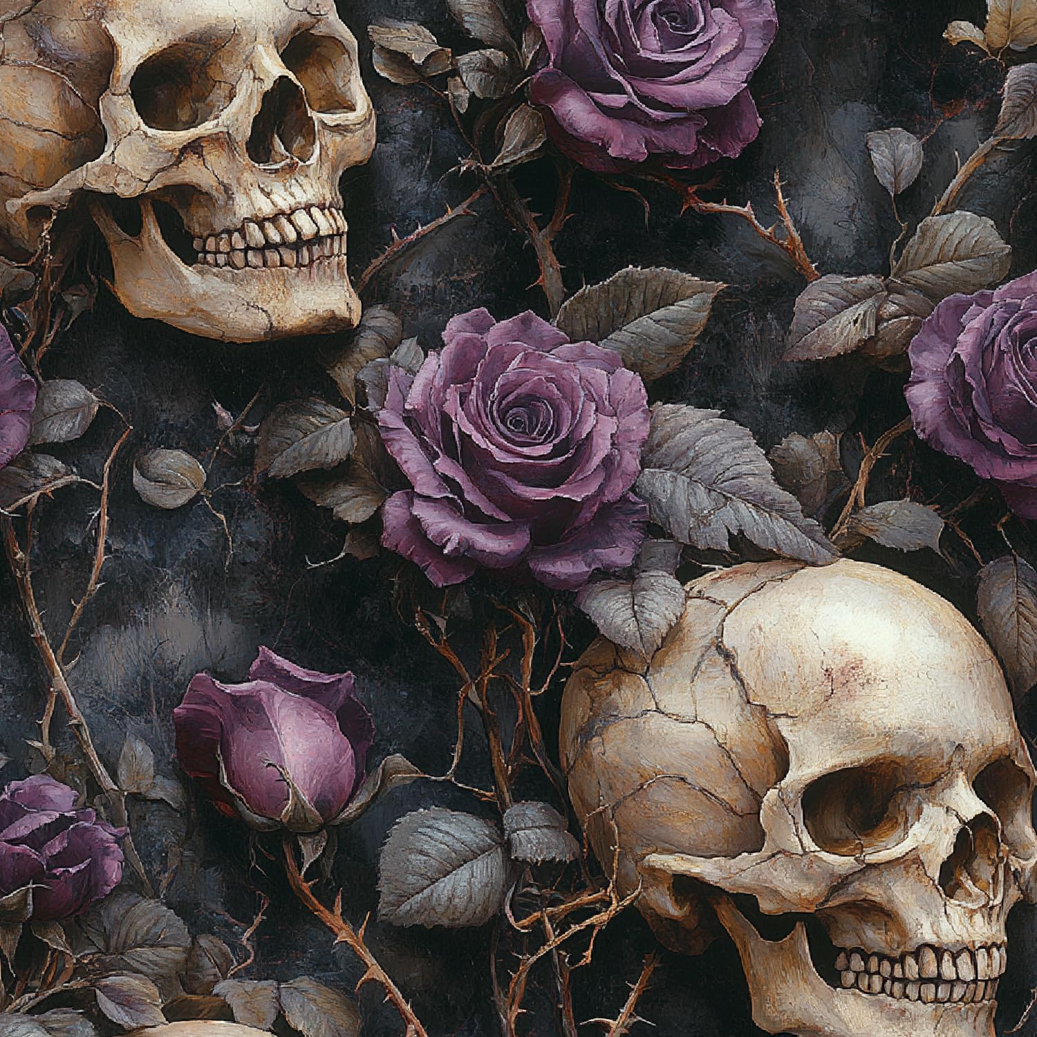 Self Adhesive Wallpaper Gothic Wall Stick Paper Matte Thick Removable Purple Rose Gray Leaves Skull Peel and Stick Contact Paper for Bedroom Living Room Kids Room Furniture Decor 45x200CM