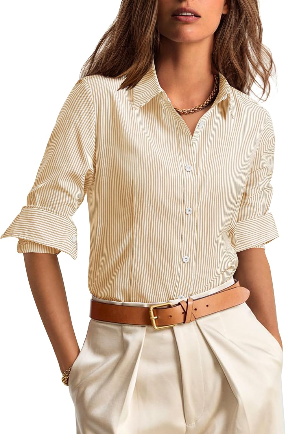 siliteelon Striped Button Down Shirts for Women Dress Shirts Long Sleeve Collared Casual Office Work Blouses Tops