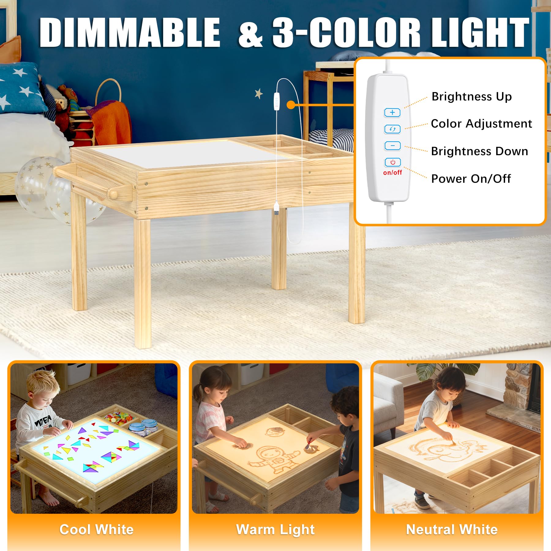 GDLF Tavolo luminoso per bambini, 3 in 1, tavolo per attività per bambini, con contenitore, sensore a LED, mattone da costruzione e postazione artistica, con supporto per rotolo di carta, per bambini
