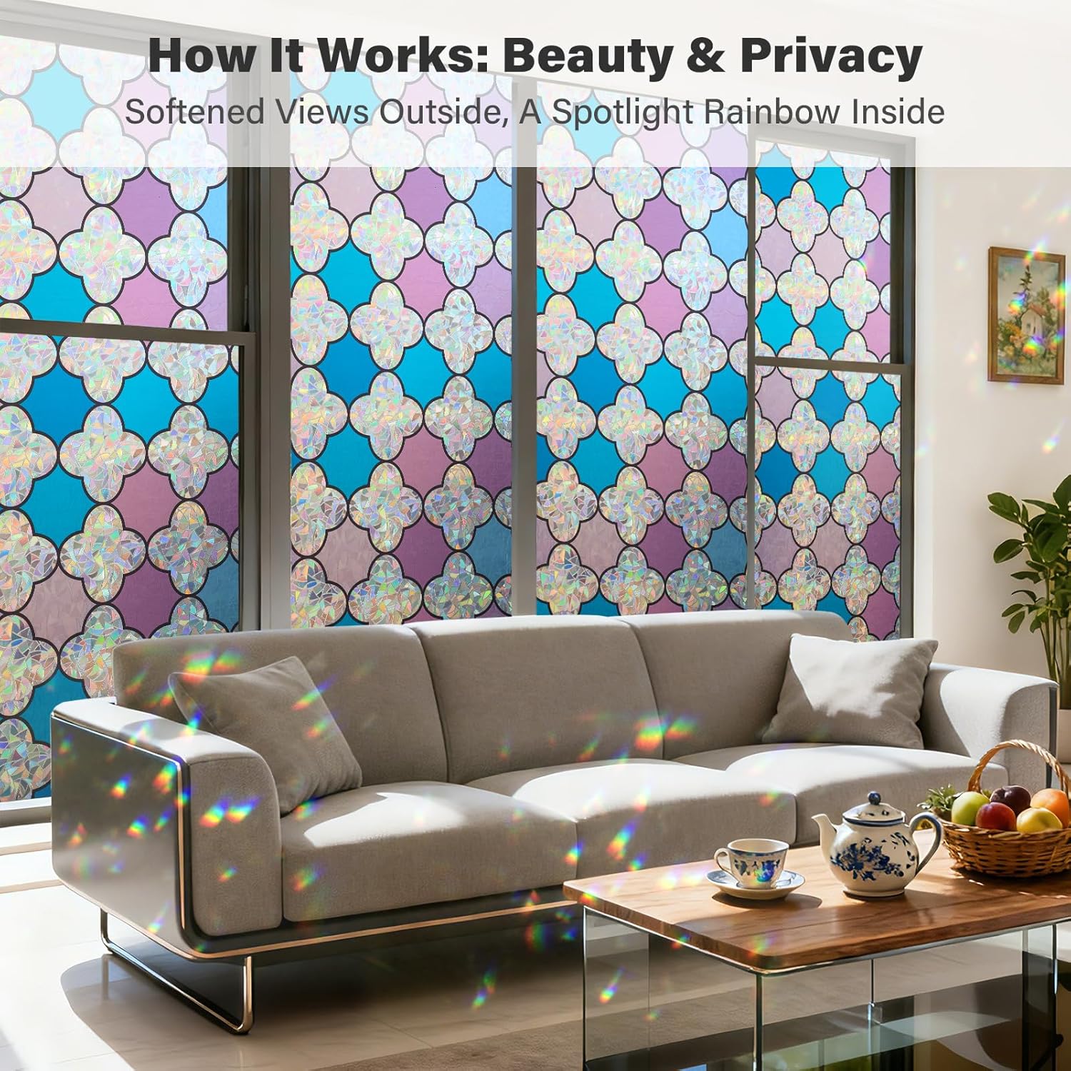 Donox Window Privacy Film, Stained Glass Decorative Static Cling, Removable with Sun Blocking UV Protection, Rainbow Effect Sticker for Home Glass Doors Living Room Bedroom, 23.6 x 157.4 inches