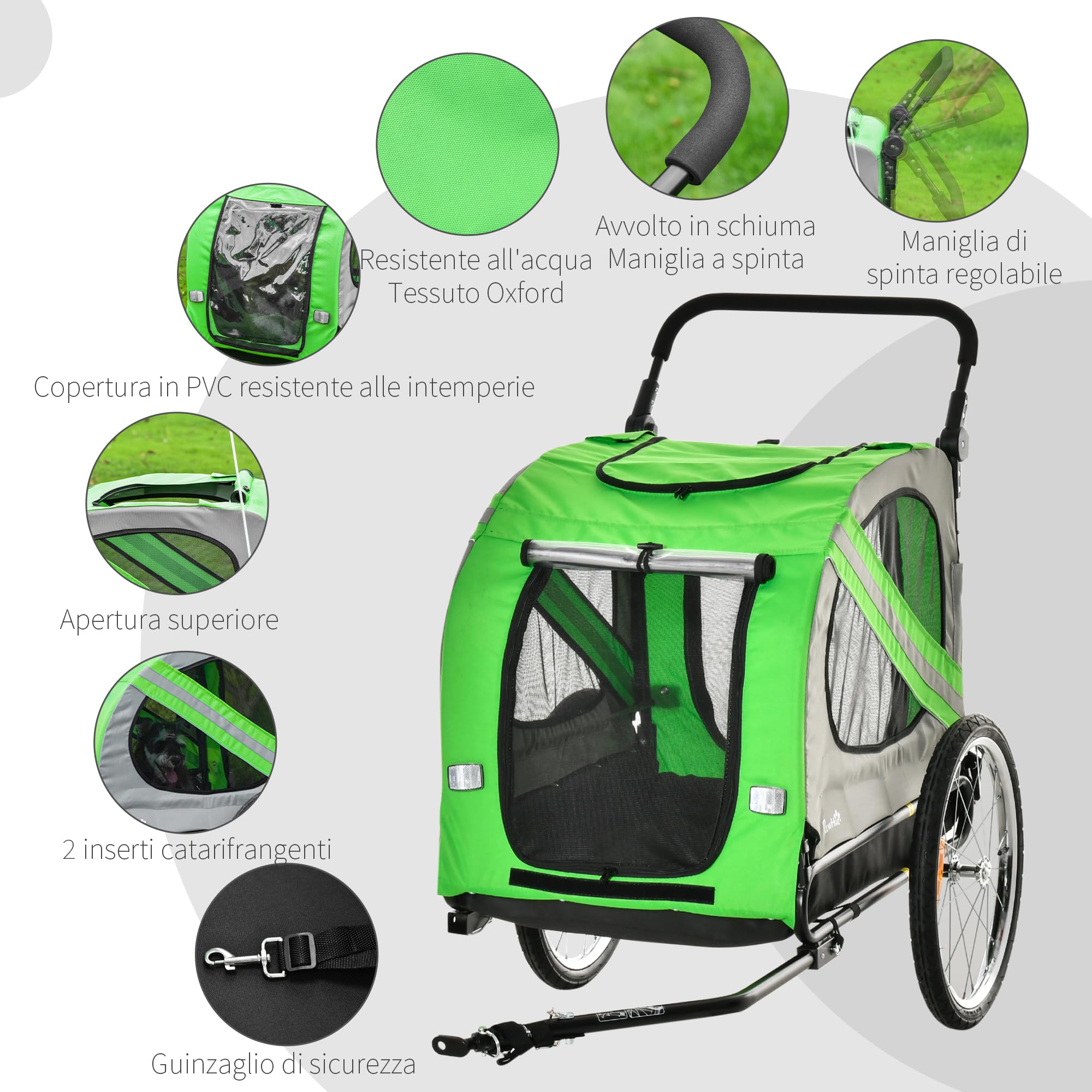 PawHut Rimorchio Bici e Passeggino per Cani 2 in 1, Carrello Bici in Acciaio e Tessuto Oxford con Catarifrangenti e Bandierina
