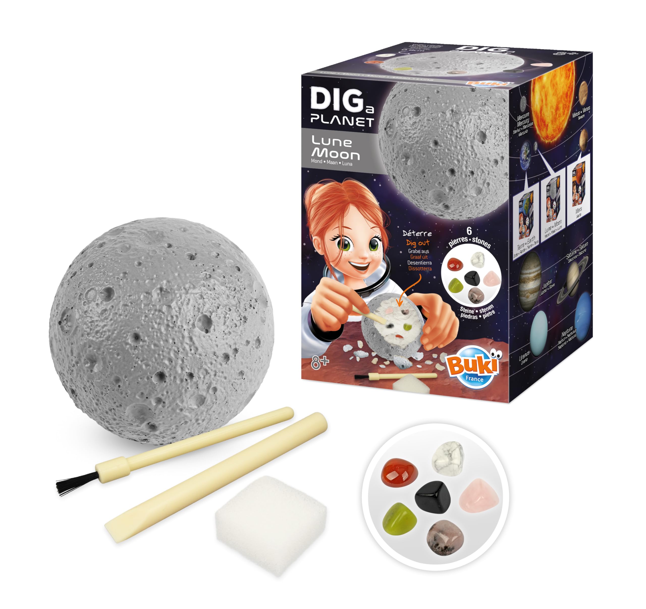BUKI France Dig a Planet Moon – Dig and dig up 6 real stones including rose quartz, obsidian and carnelian – Excavation kit for children from 8 years old - 447