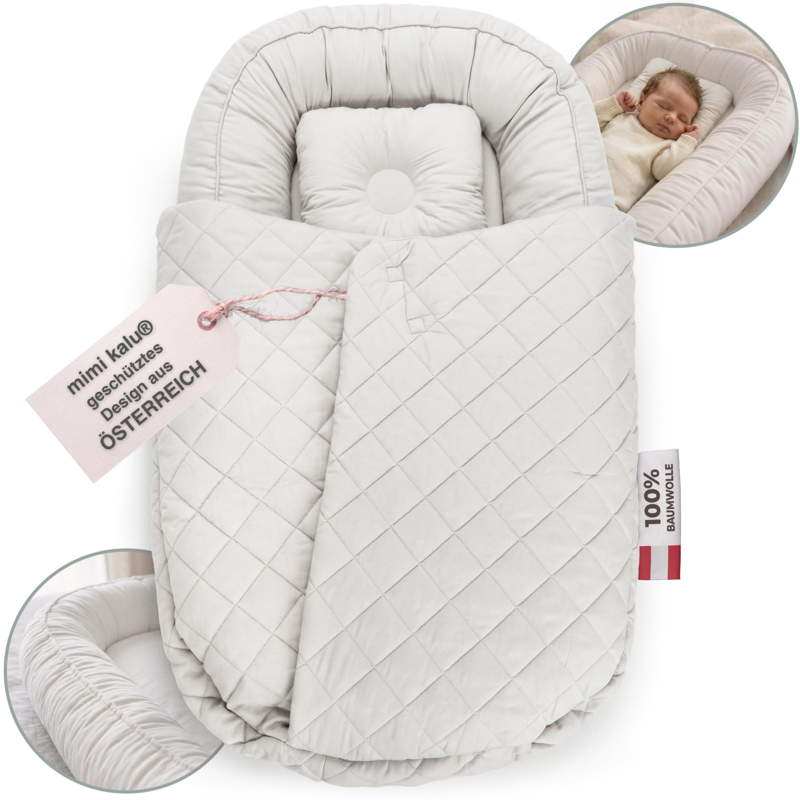 mimi kalu® Babynest für Neugeborene 100% Soft-Cotton Bezug, mit extra hohen Rändern (sicher) & Snuggle Hug Decke Bettschlange Baby Nestchen Baby