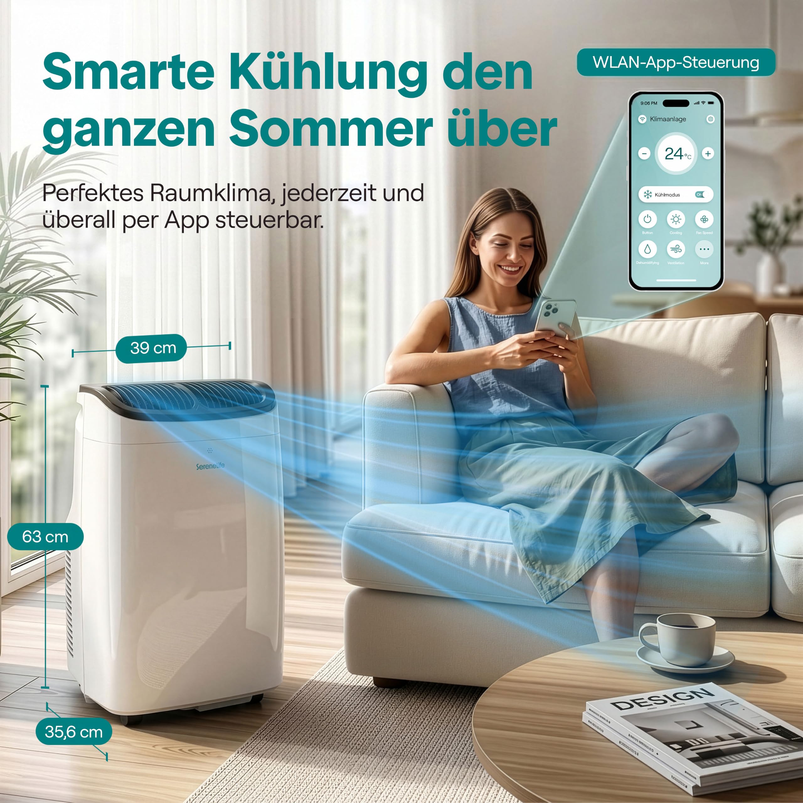 SereneLife Klimaanlage Mobil 7000 BTU – Kleine Klimaanlage für Zimmer bis 20 m² | Kühlung, Entfeuchter & Ventilator | 49 dB