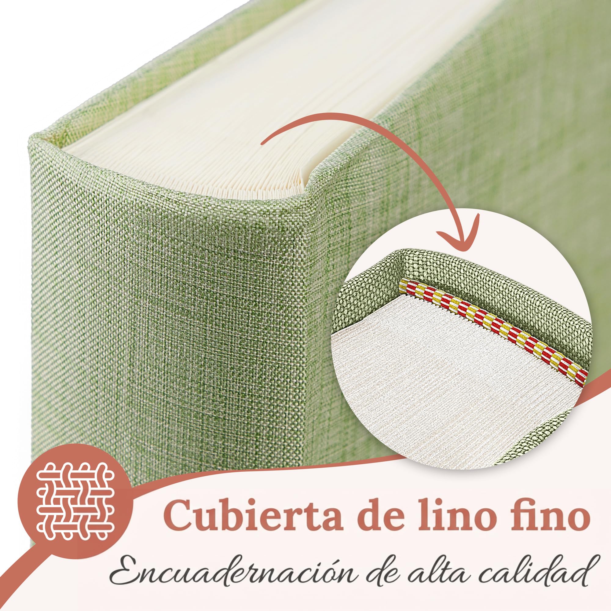 ZEITLOOS® Álbum de fotos para pegar y escribir - lino - 600 fotos Verde | Precioso diseño con hojas protectoras - álbum de fotos 10x15 para rellenar 31x32cm - 100 páginas - boda y regalo