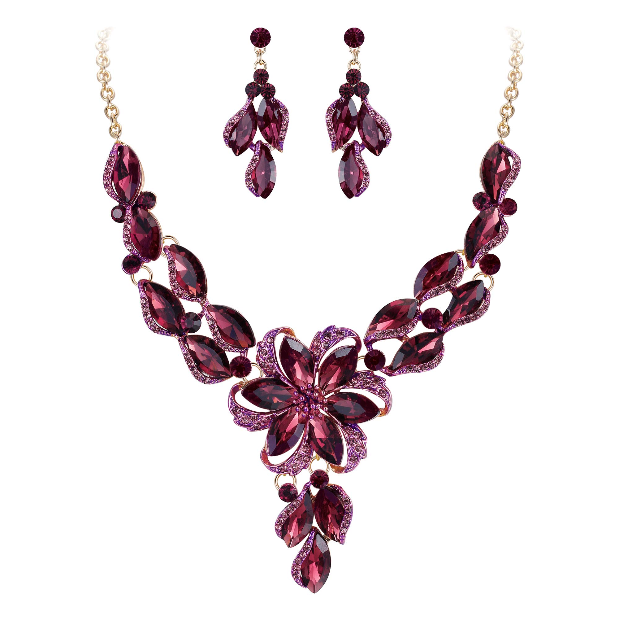 Clearine Juegos de Joyas de Mujer Cristal Lágrimas Forma Flor y Hoja Collar y Pendientes para Novia Boda Fiesta