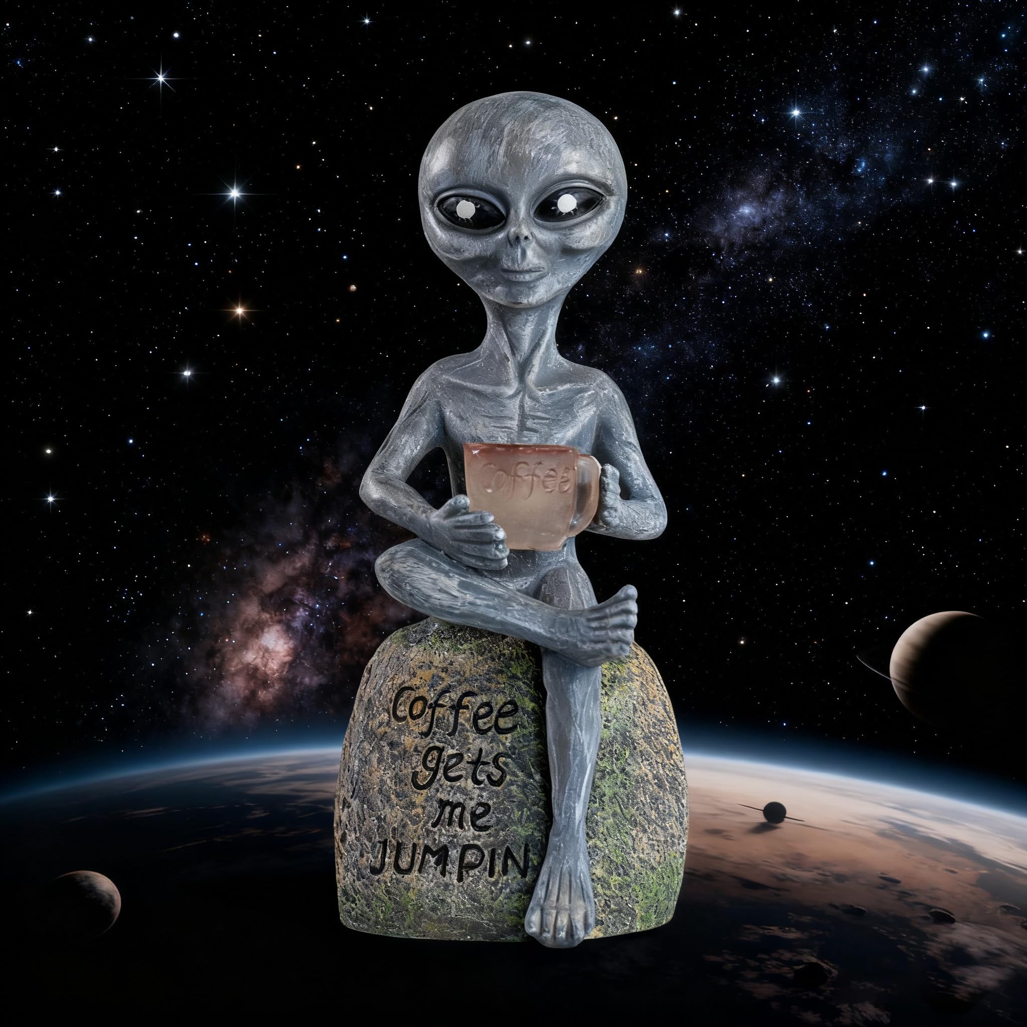 Solar Powered Alien Garden Statue with Coffee Cup, Funny Outdoor Decor, 11.6 x 5.1 x 4.5 inches