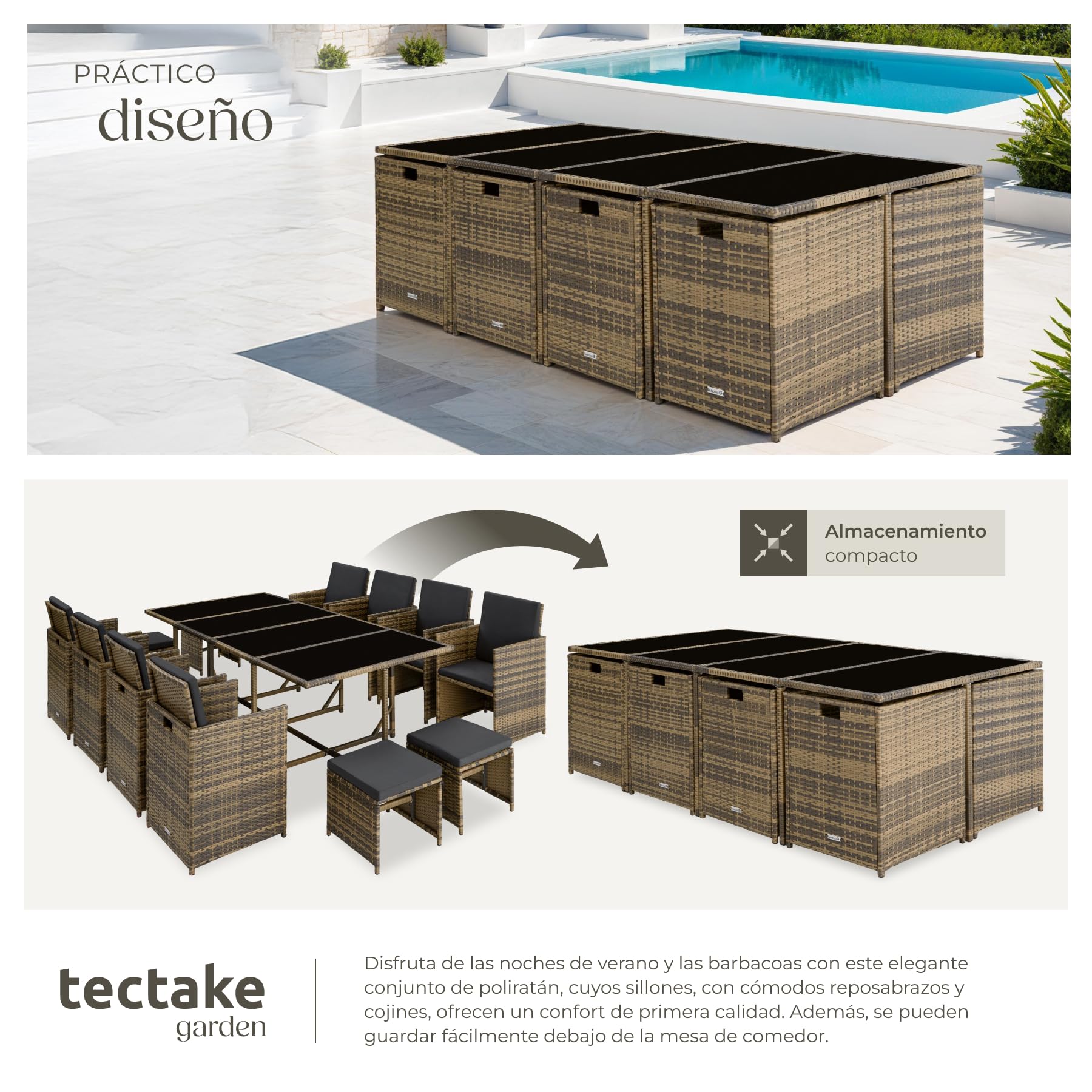 tectake® Juego de Muebles de Jardín en Ratán, Conjunto Comedor para Jardín Exterior, 8 Sillas, 4 Taburetes, 1 Mesa, Set de Muebles de Mimbre para Terraza o Patio, con Cojines y Fundas- Natural