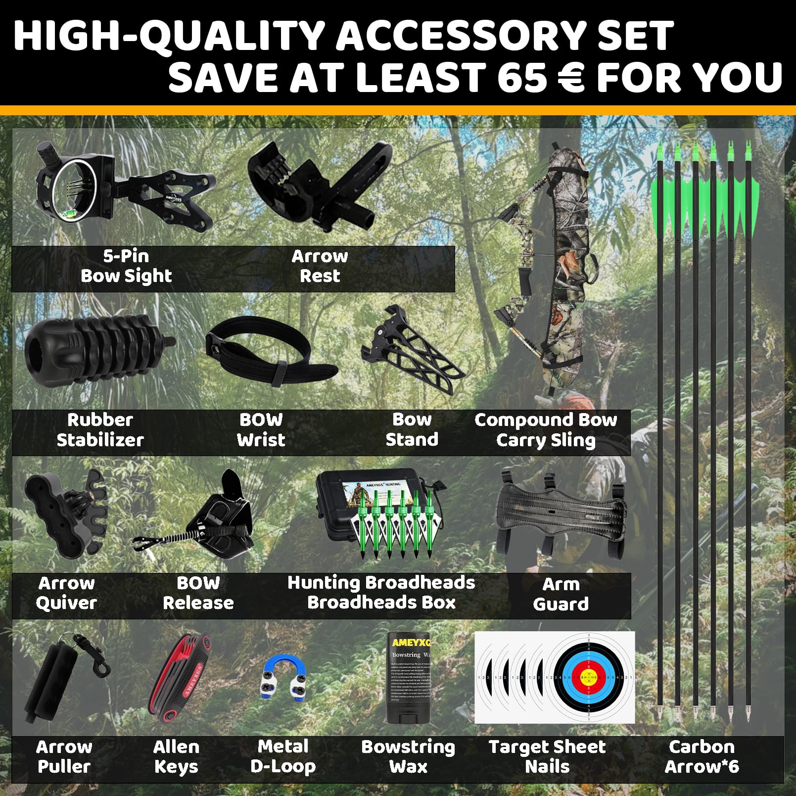 Set Arco Compound Premium 0-70lbs Regolabile con 320FPS, Corpo Magnesio Ultra-Leggero, CNC Dual-Nockensystem, Kit Completo per Adulti e Principianti - Nero e Camouflage
