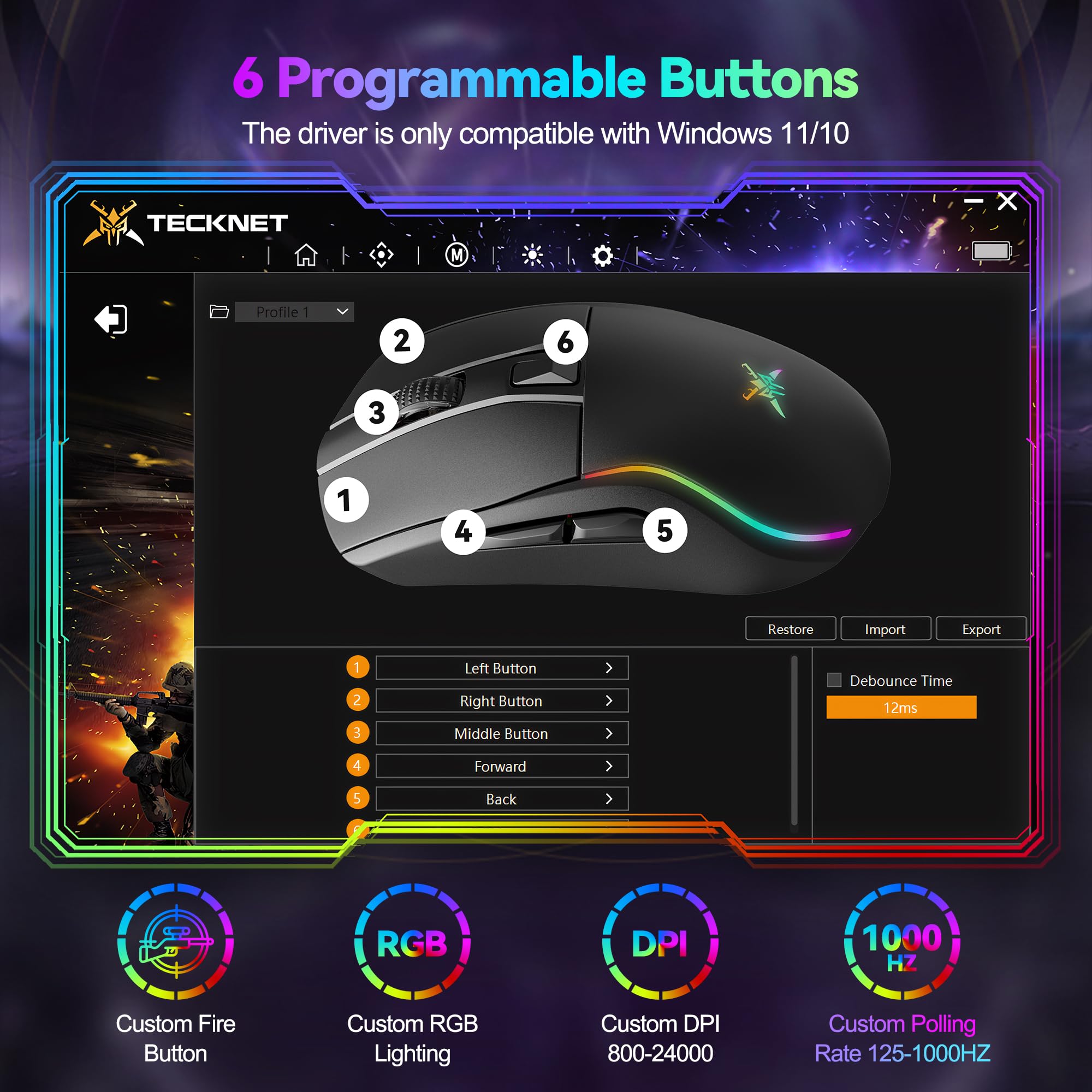TECKNET Mouse da gioco senza fili, 24000 DPI con tre modalità di connessione e 6 luci RGB, ricaricabile, mouse ergonomico Bluetooth, velocità di interrogazione 1000 Hz e 6 tasti programmabili per PC