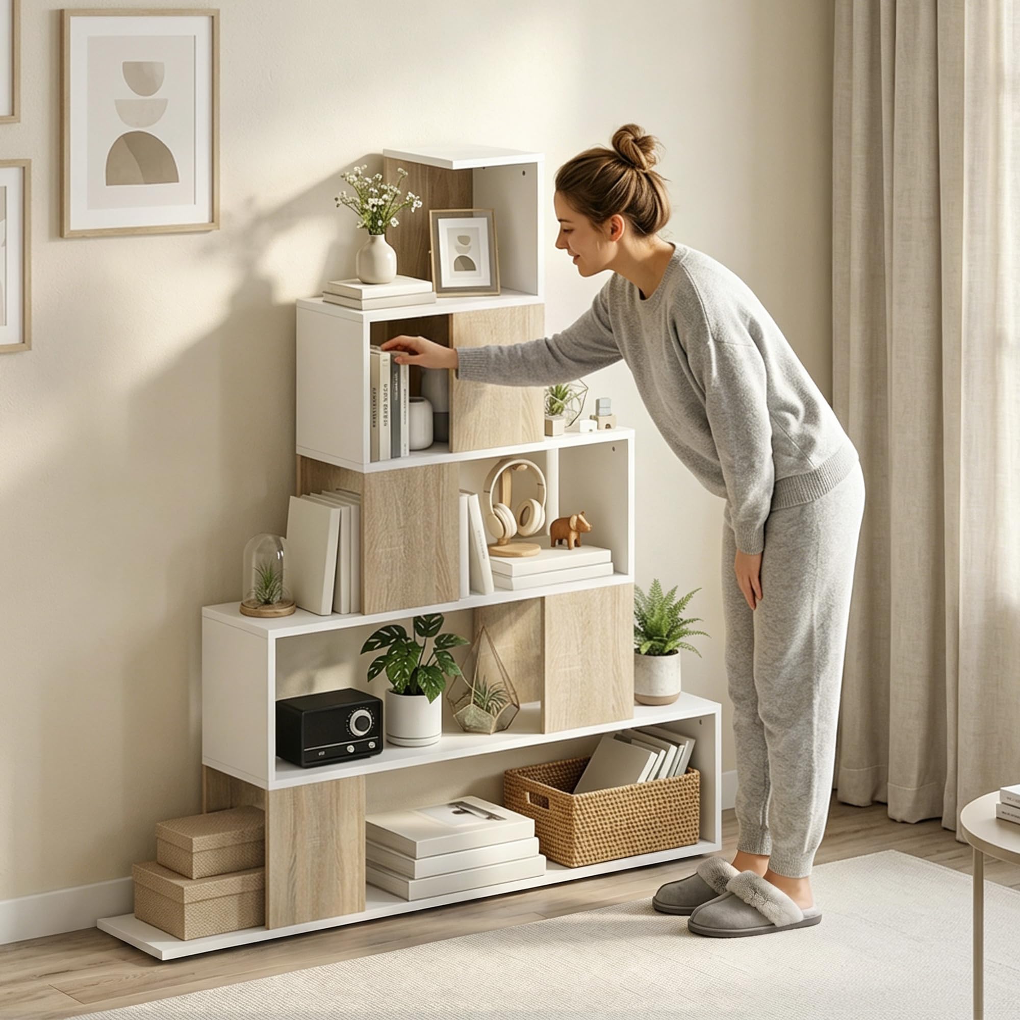 HOMCOM Libreria Cubo, Scaffale a 5 Ripiani con Design a Gradini, Libreria Geometrica per Soggiorno, Studio, Camera da Letto, Bianco e Naturale