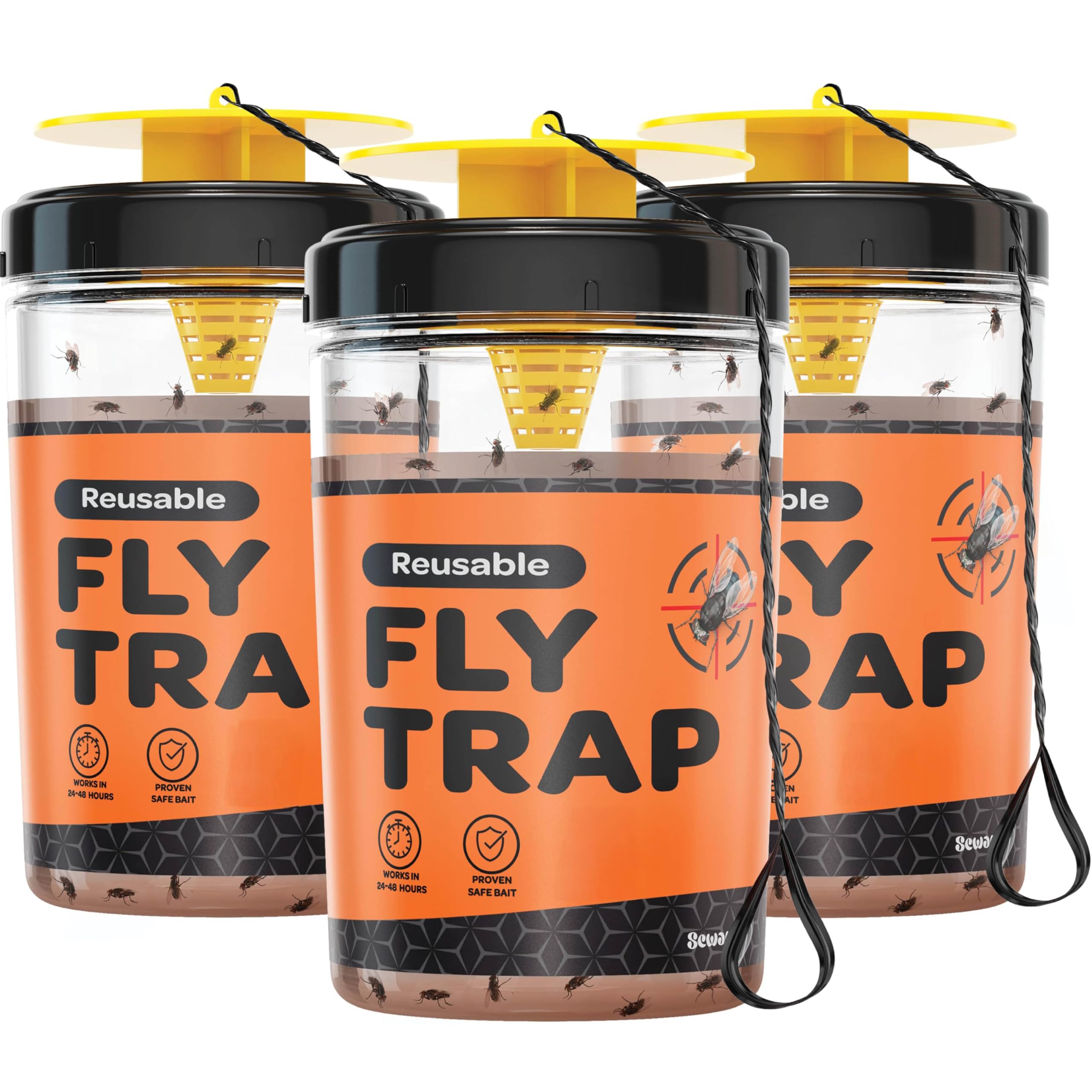 Fly Traps Outdoor [Set of 3] with Dissolvable Non-Toxic Bait - Reusable Hanging Bug Catcher Killer for All Flies for Outside Bug Control Patios, Barns, Ranches Etc. Hanging Fly Traps with Tie Included