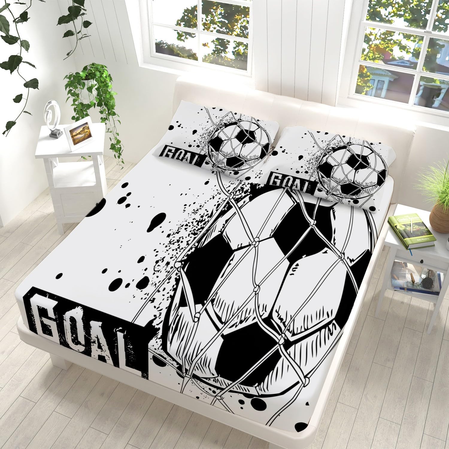 Sábana bajera ajustable para niños, niñas y adolescentes, tamaño individual, 90 x 190 cm, microfibra suave, resistente a la decoloración, con temática de fútbol en blanco y negro, juego de sábanas con