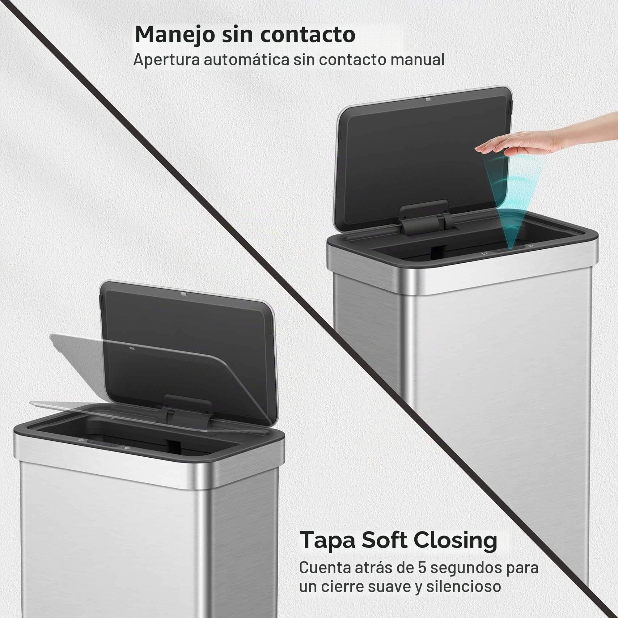 EKO Cubo de basura con sensor NOVA de 80 L, cubo de basura de cocina automático, con sensor de movimiento, tapa de cierre suave, resistente a las huellas dactilares, acero inoxidable mate
