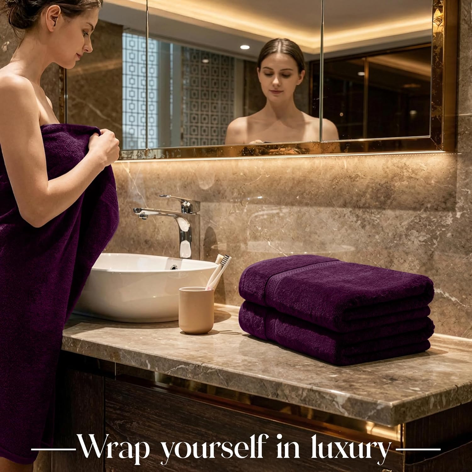 RIVERSIDE Luxury 6 Piece Towel Set, 2 Bath Towels, 2 Hand Towel, 2 Wash Cloths, 100% Cotton, 600 GSM Hotel Quality, Soft, Highly Absorbent Towels for Bathroom, Purple Towel Sets