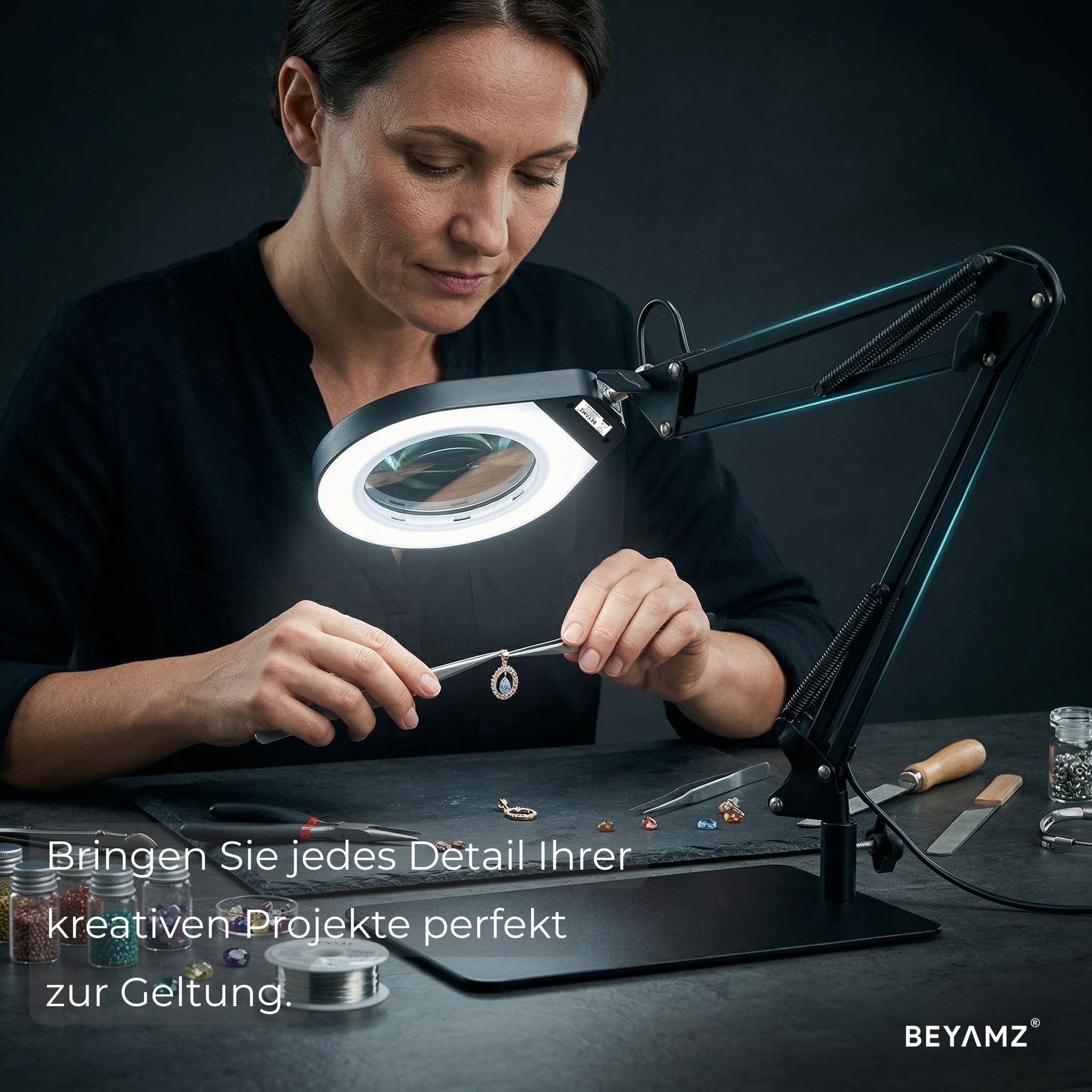 LED Lupenleuchte mit Standfuß & Klemme, 5 Dioptrien Glaslinse | 5 Lichtfarben dimmbar, Schwenkarm, Präzisionsarbeiten, Modellbau, Löten, Nähen, Basteln, Mikroreparatur