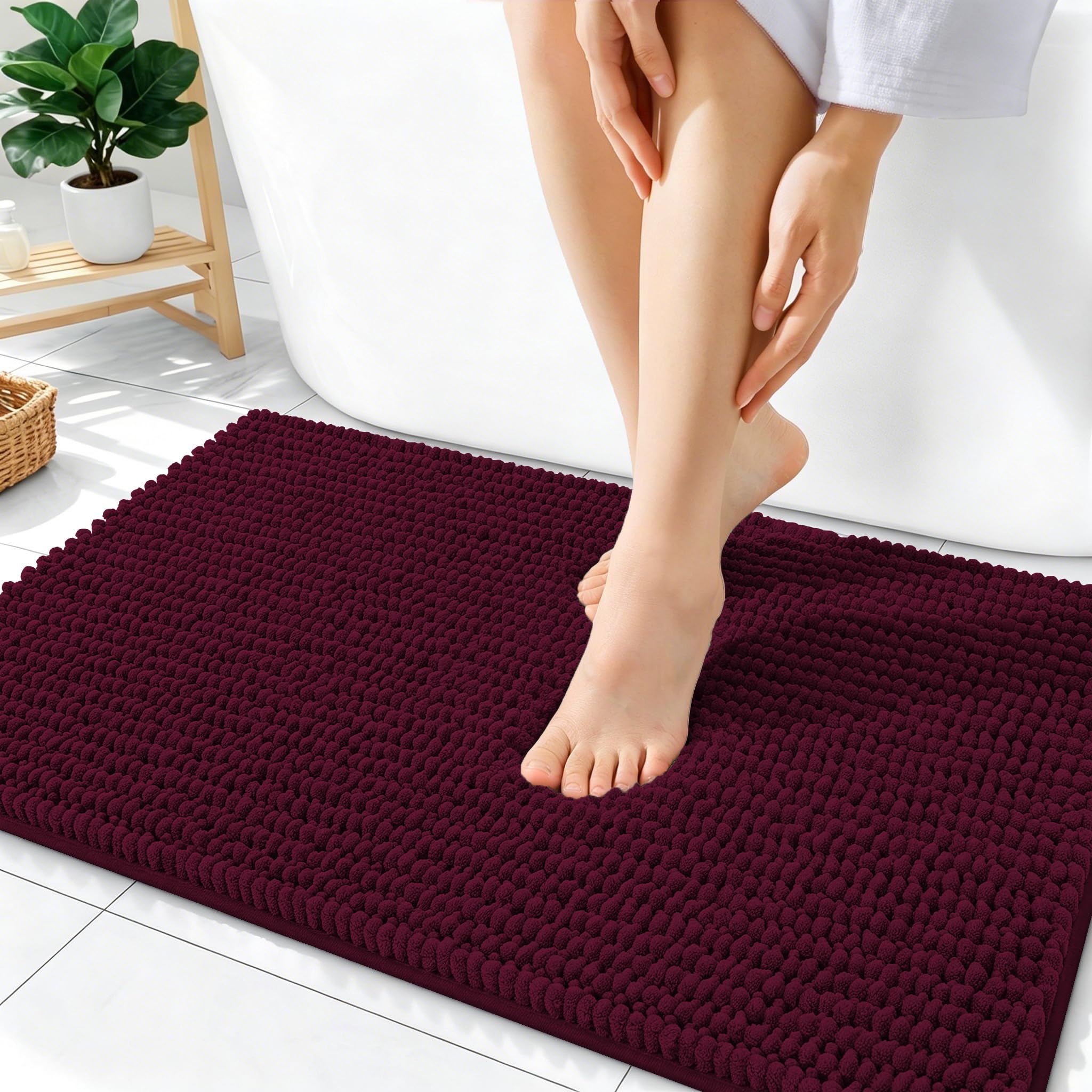 OLANLY Thick Chenille Absorbent Bathroom Rugs Mat 36x24, Black Cherry