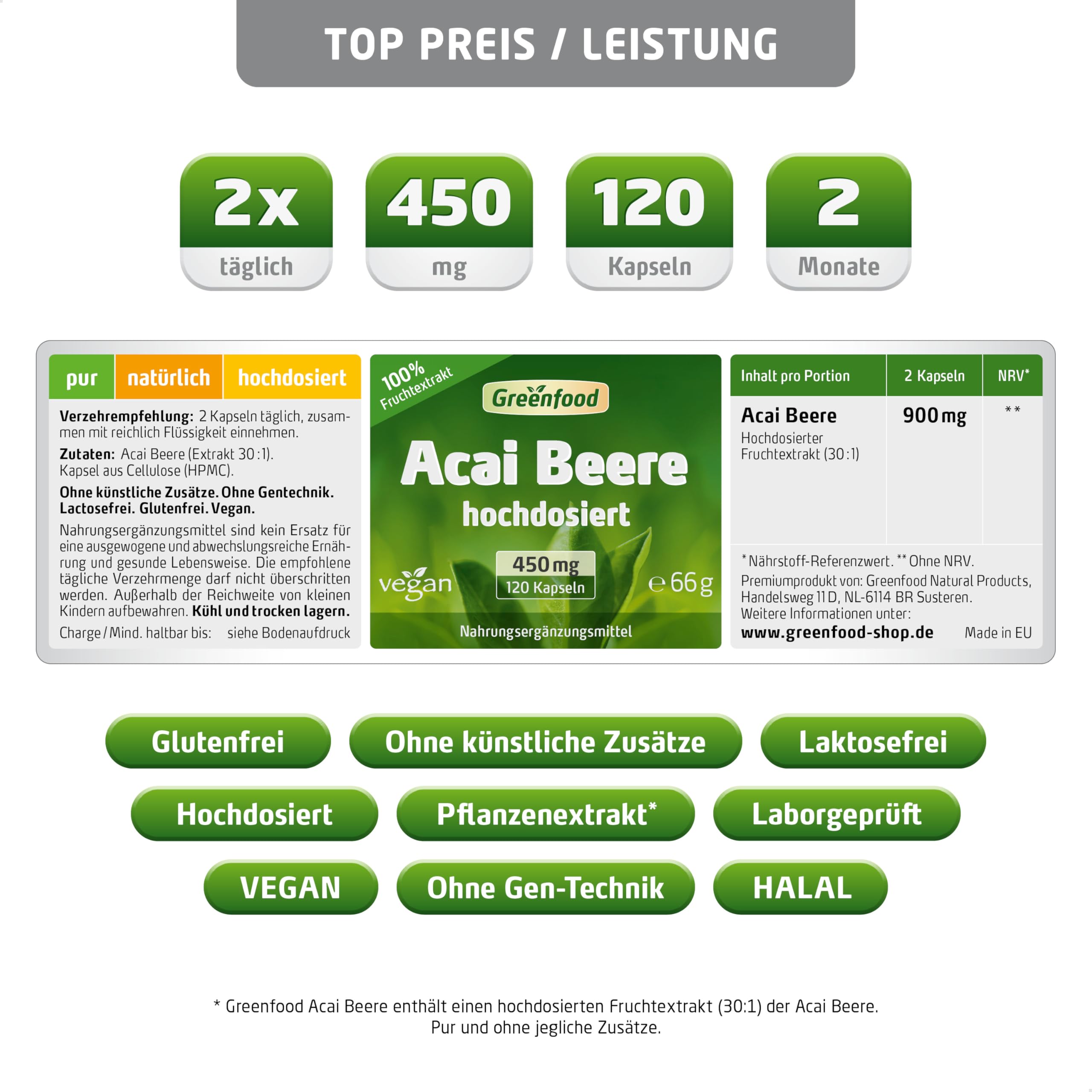 Acai Beere, hochdosiert, 450mg - 120 Kapseln, vegan. Hochwertiger Extrakt (30:1) - reich an sekundären Pflanzenstoffen. OHNE künstliche Zusätze - laborgeprüft. Von Greenfood.