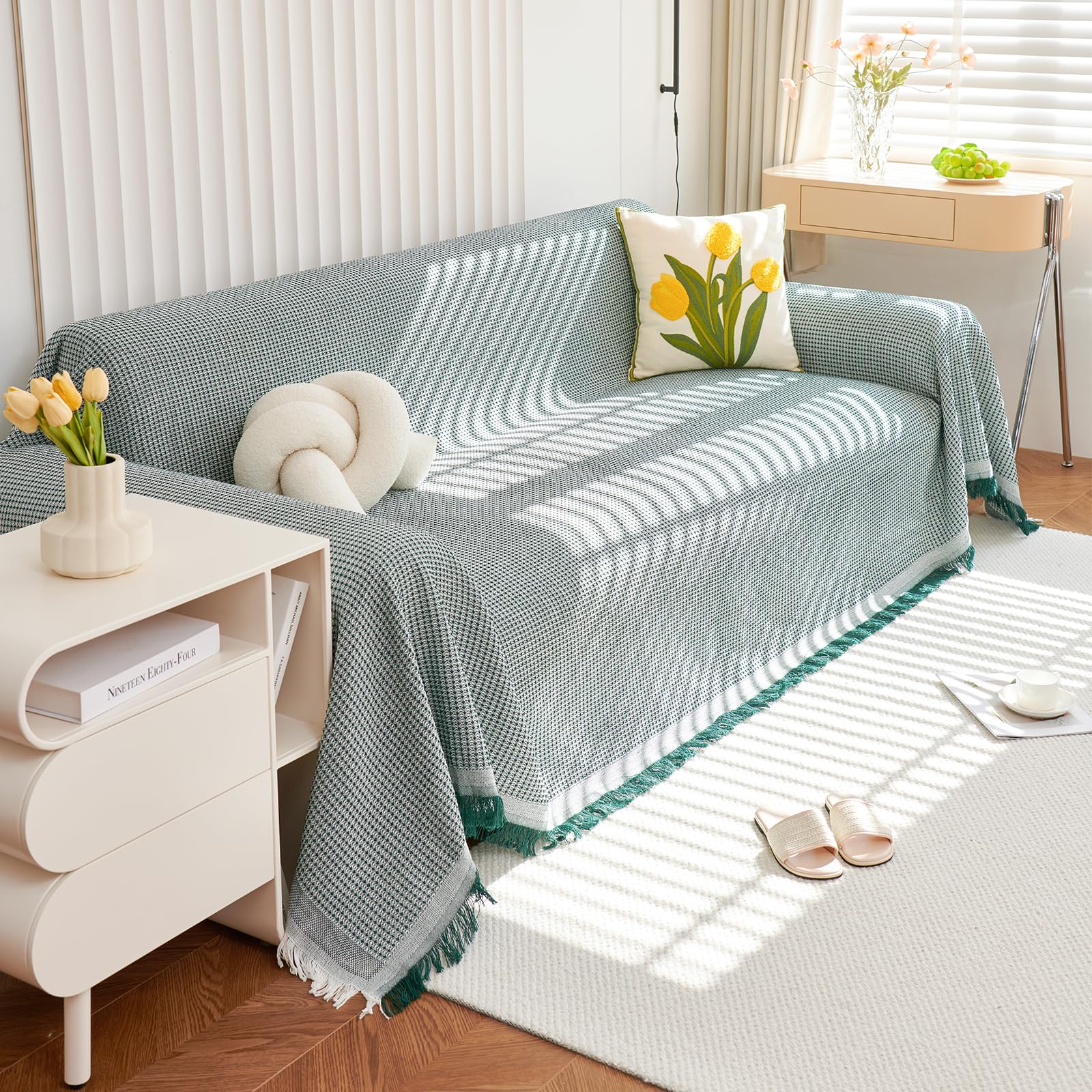 Funda Sofa,Funda Sofá Gofre Color Sólido, Cubre Sofa Chaise Longue, Funda de sofá Lavable para Todas Las Estaciones 180 * 90cm-Verde