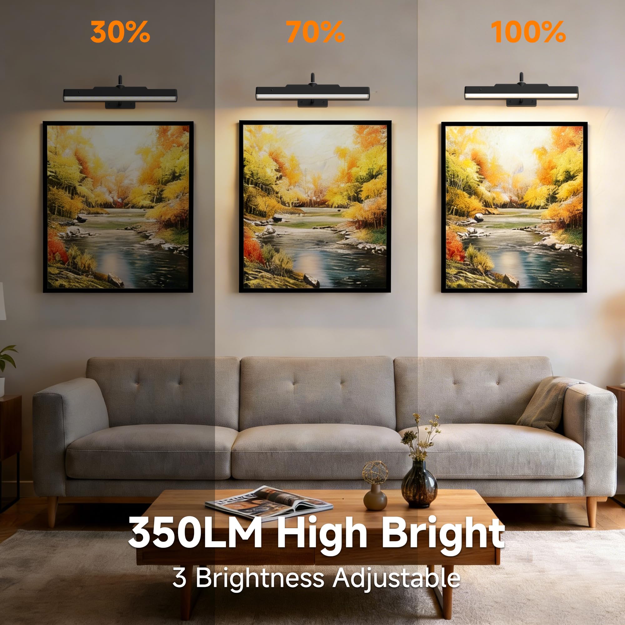 Lot de 2 lampes pour tableau, 4 400 mAh, à piles rechargeables, sans fil, à intensité variable, éclairage magnétique pour décoration murale, cadre et galerie (30,5 cm, noir)