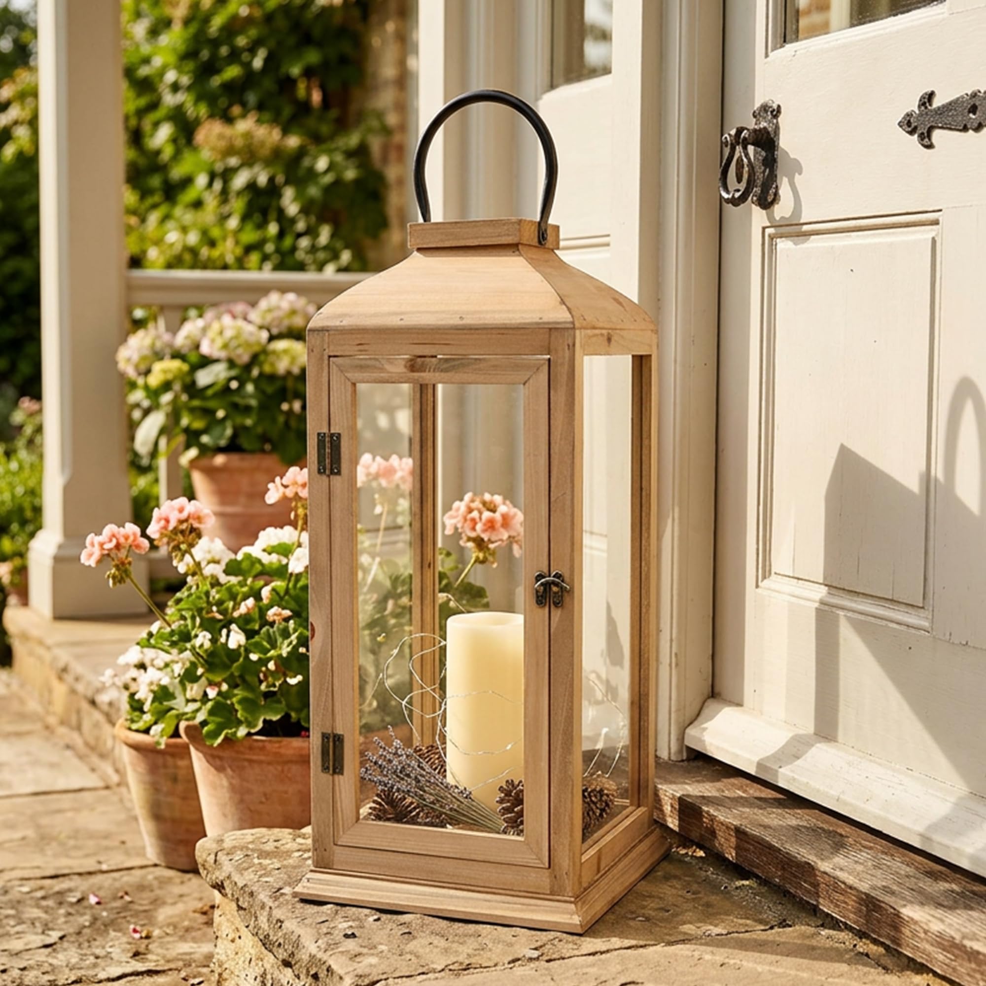 Große Laternen, dekorativ, 57,1 cm, rustikale Holzlaterne mit Metallgriff, dekorative Laterne für Zuhause, Innen- und Außenbereich, Bauernhaus, Veranda, Hochzeit, IP65 wasserdicht (Kerze nicht im