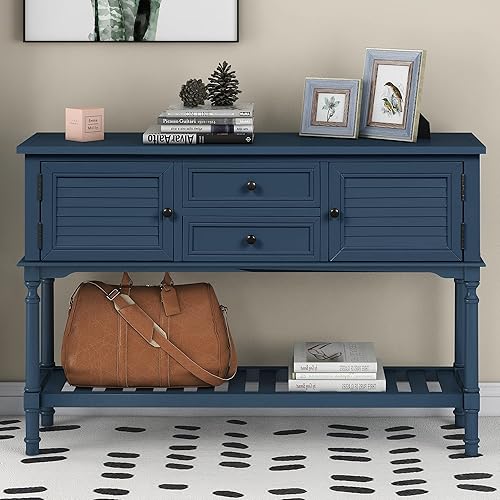 Miniatura 3 de Voohek Mesa de sofá consola de madera azul marino con 2 cajones 2 armarios y 1 estante para dormitorio sala de estar entrada pasillo