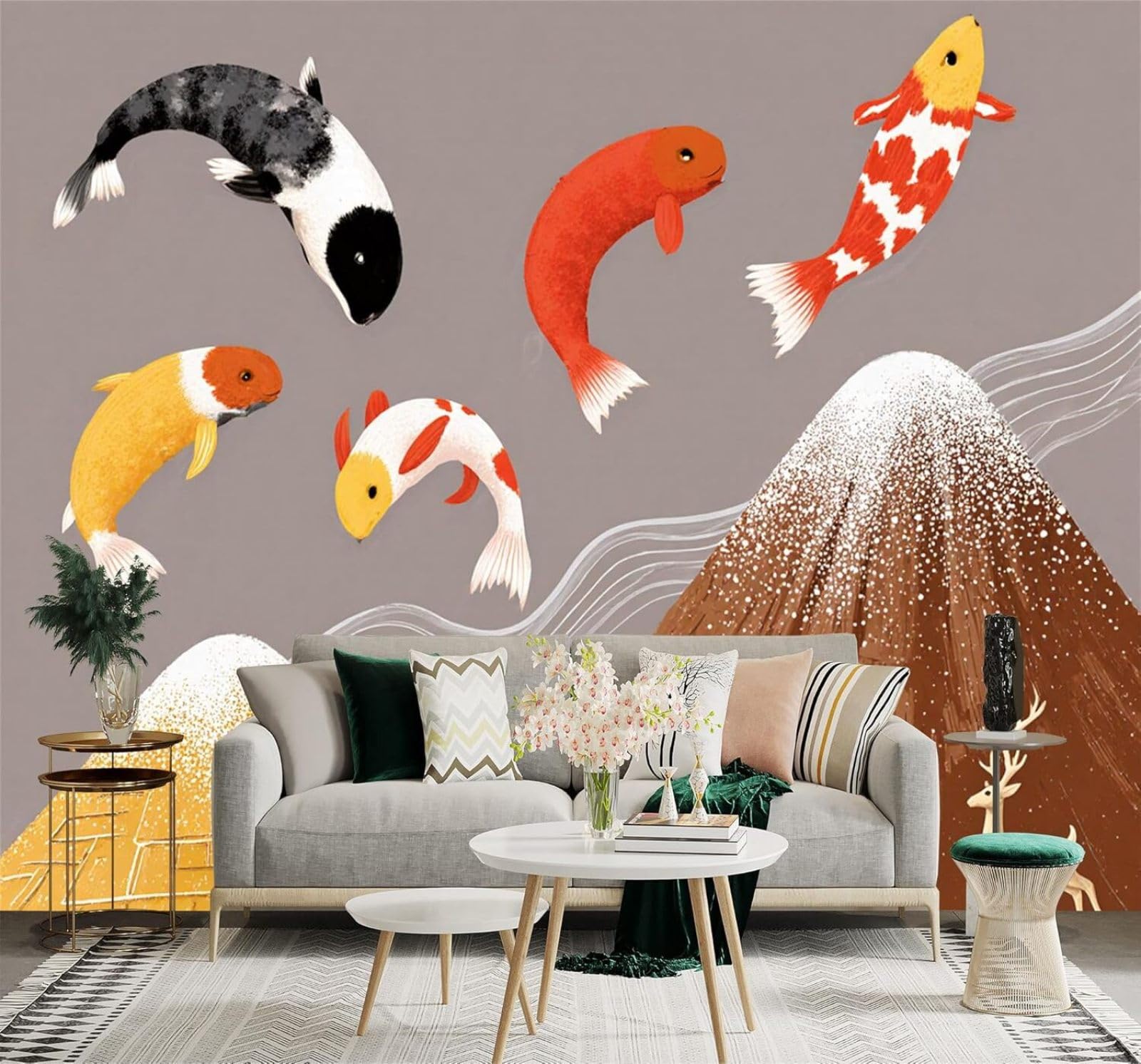 XLMING Creative Colourful Koi Snow Capped Mountains Golden Deer Wavy Lines 3D Wallpaper Silky Texture Home Study Office Grey Dining Room Sofa Bedroom Living Room TV Backdrop-350cm×256cm