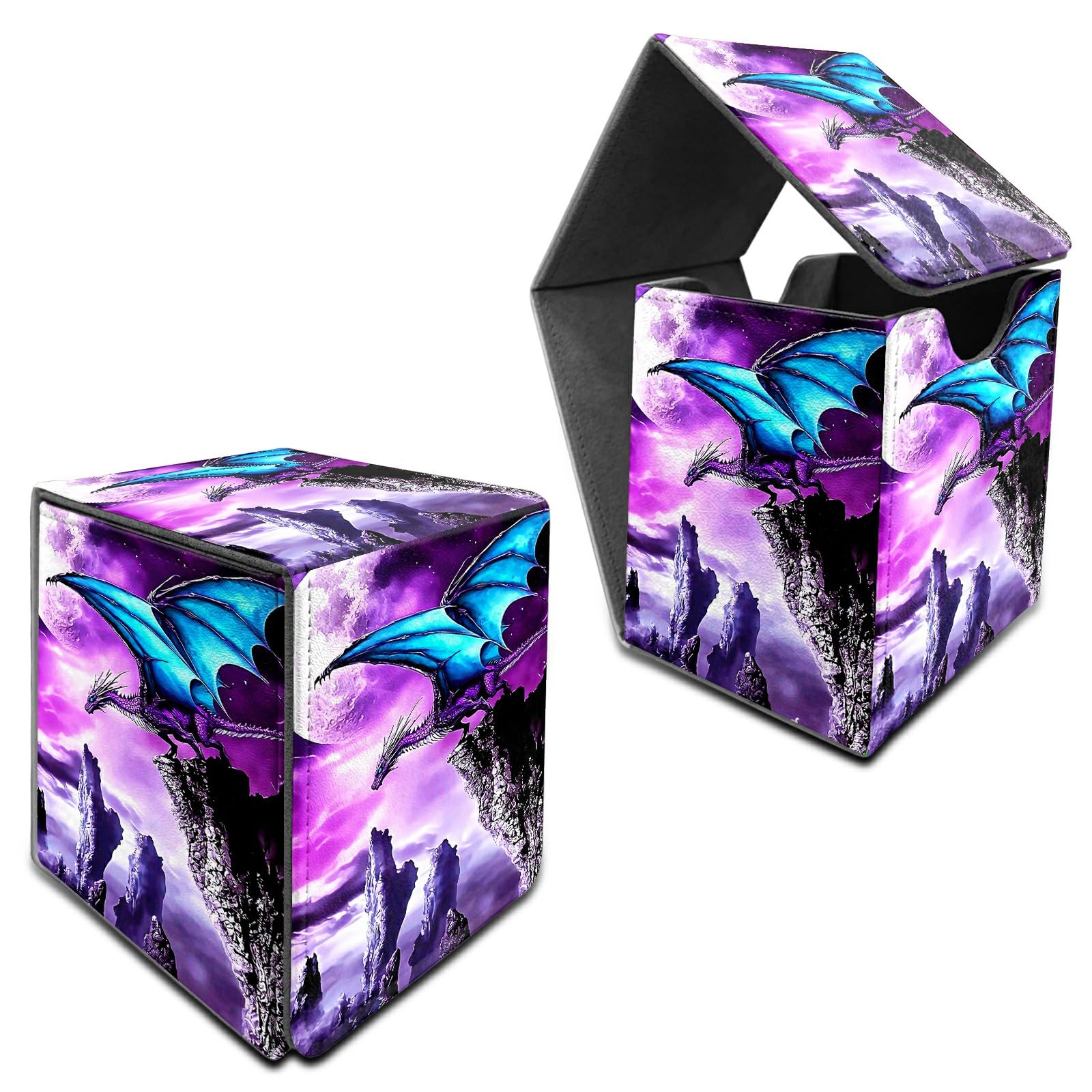 RWUTYTIUL Deck Box for MTG, Cards Storage Box Fits 120+ Sleeved, Leather Medium Size Strong Magnetic Closing Card Case for Board Games Magic TCG CCG Baseball Collection, Purple Mountain Dragon — image 1