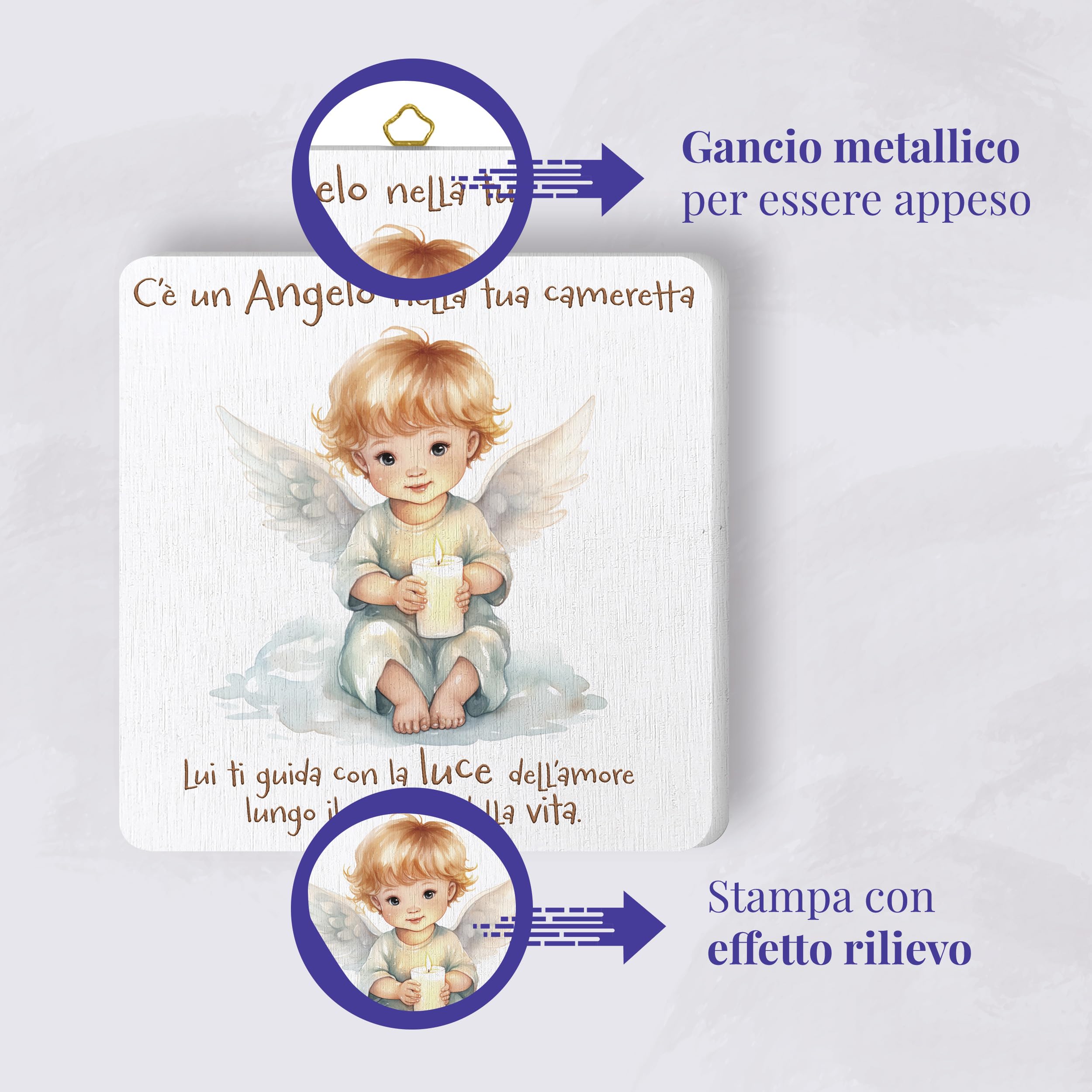 FRATELLI BONELLA - Quadro Angioletto con Candela per Bambini - Quadro in Legno 19x19 cm con Scatola Regalo - 100% Made in Italy