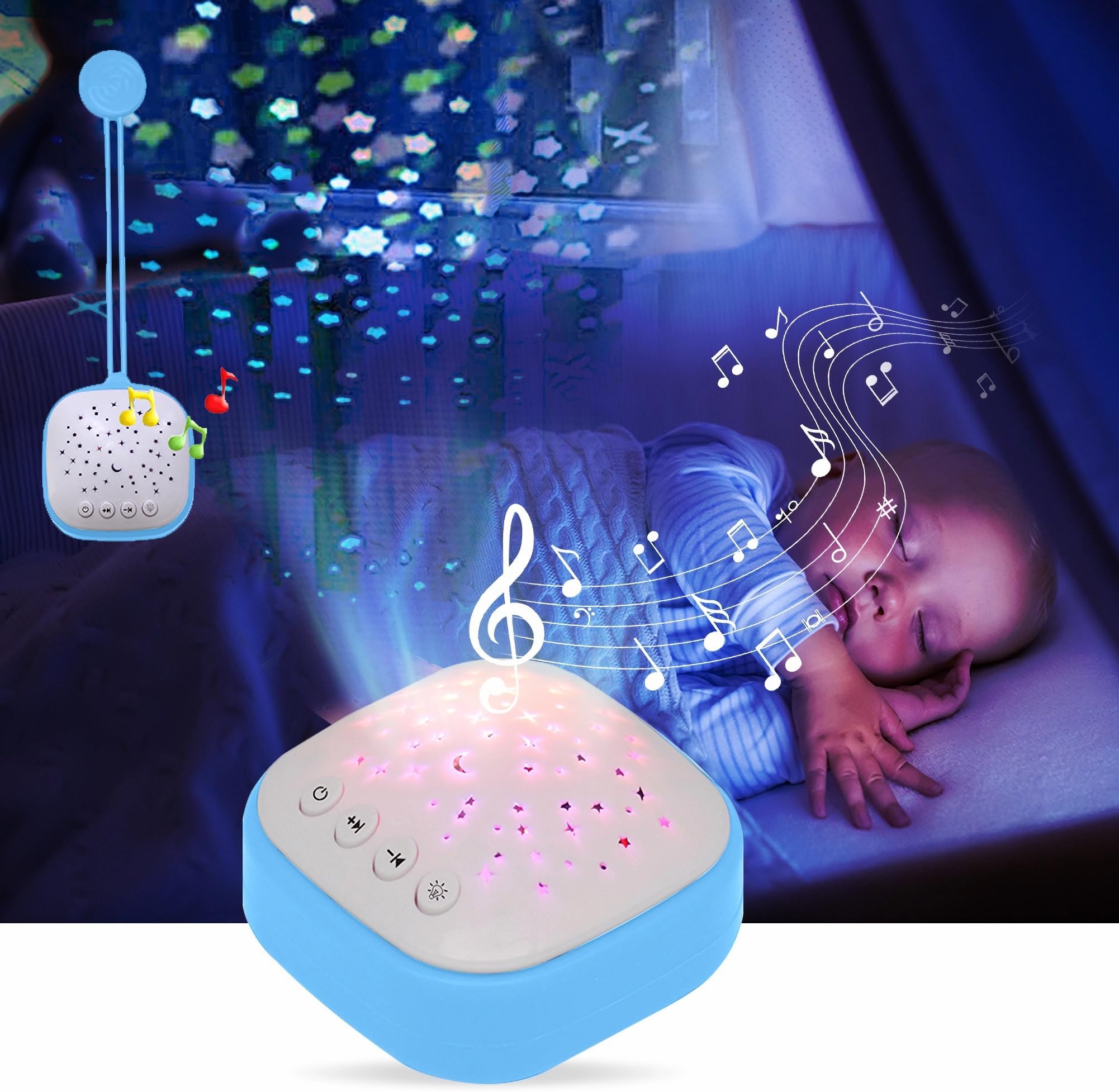 Portable Sound Machine With Projector Star Starry Light - White Noise Baby Sleep Soother for Infant, Kids Travel Soother, Toddler Aid Music for Car, Stroller Walks, Door Handles, Baby Cribs