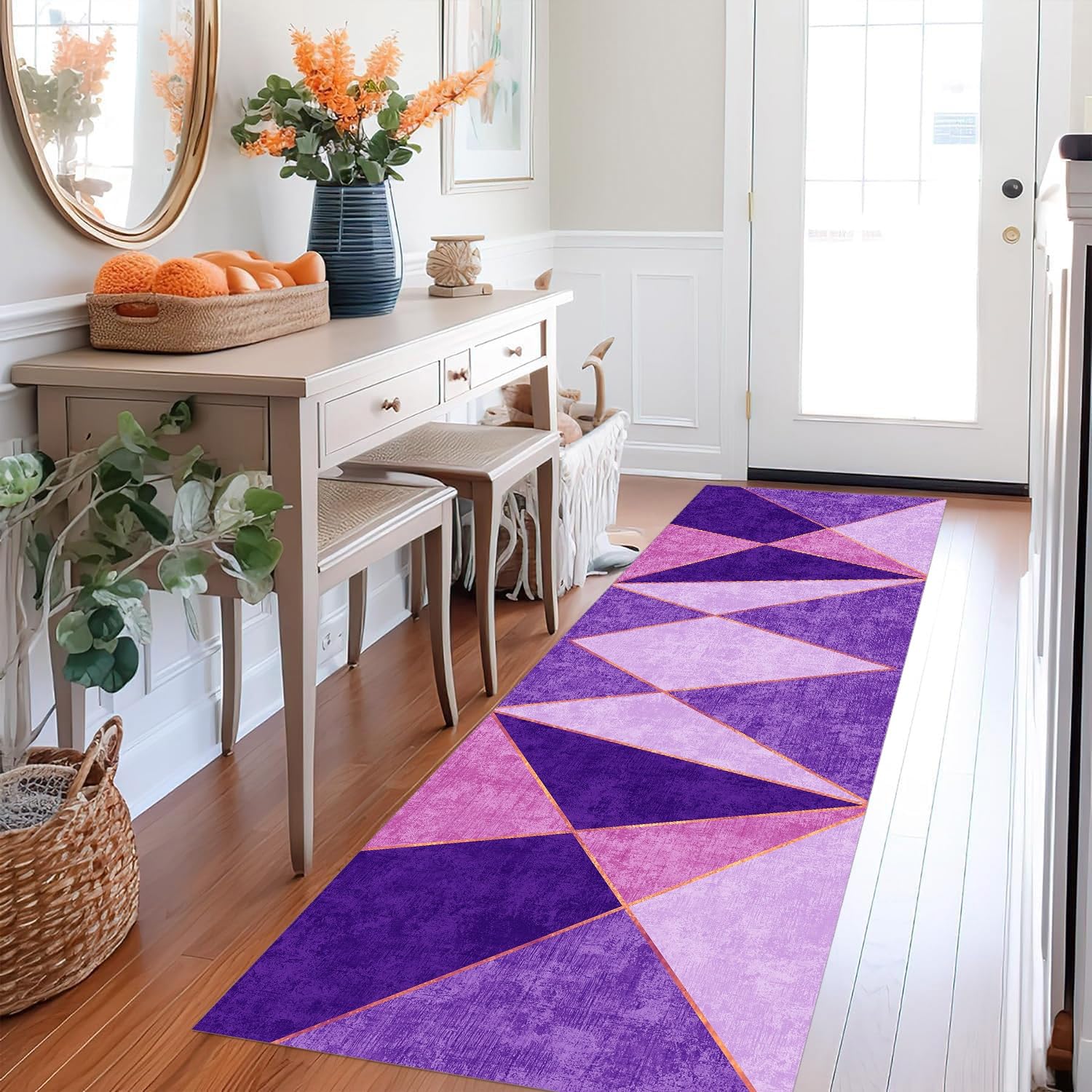 Tapis de couloir long - Rose - Violet - Antidérapant - Lavable - Design moderne - 80 x 450 cm - Tapis de cuisine au mètre - Pour salle à manger, chambre à coucher, salon