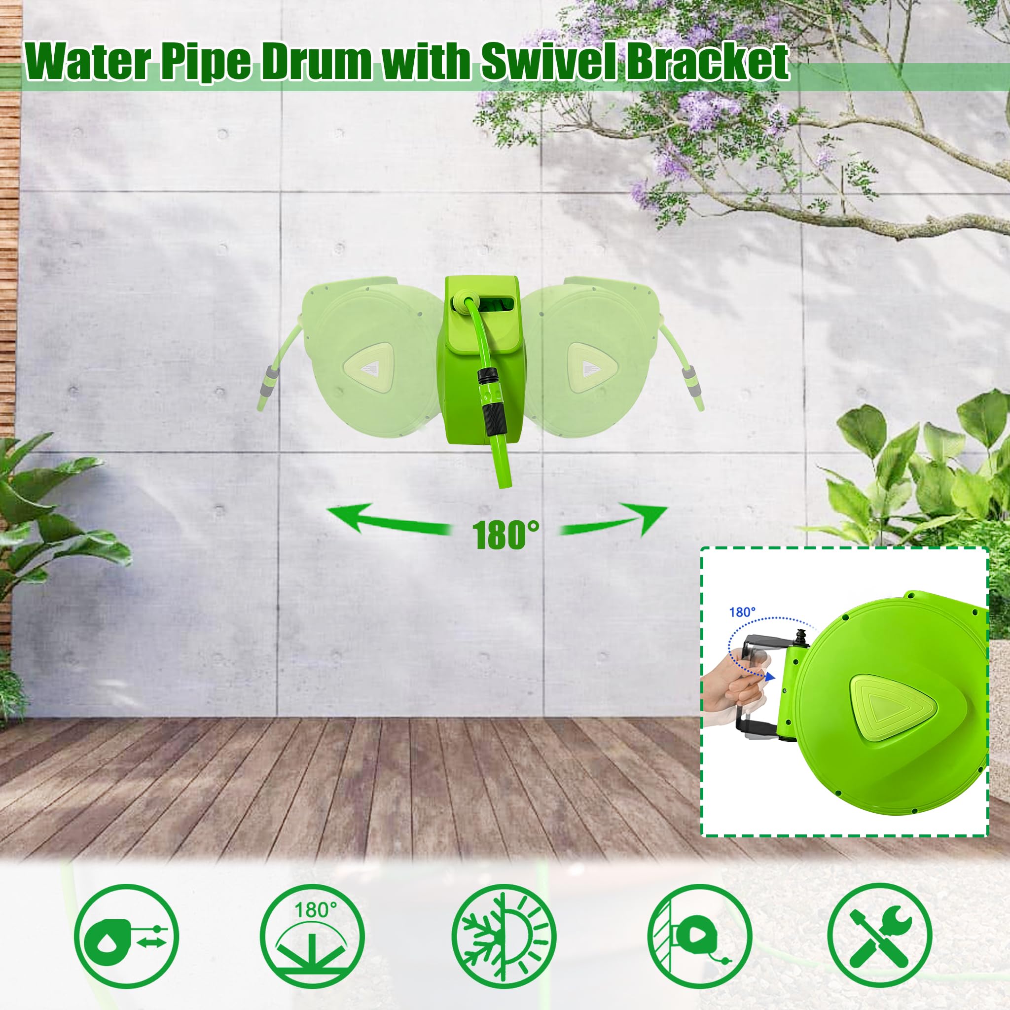 180° Schwenkbare Wandmontage Schlauchtrommeln, 20m Automatik Aufrollung PVC Gartenschlauch-Trommel mit 2m Inlet Schlauch, Wetterfeste PP Gehäuse & 9 Sprühmuster, Schlauchbox Gießen Autowaschen