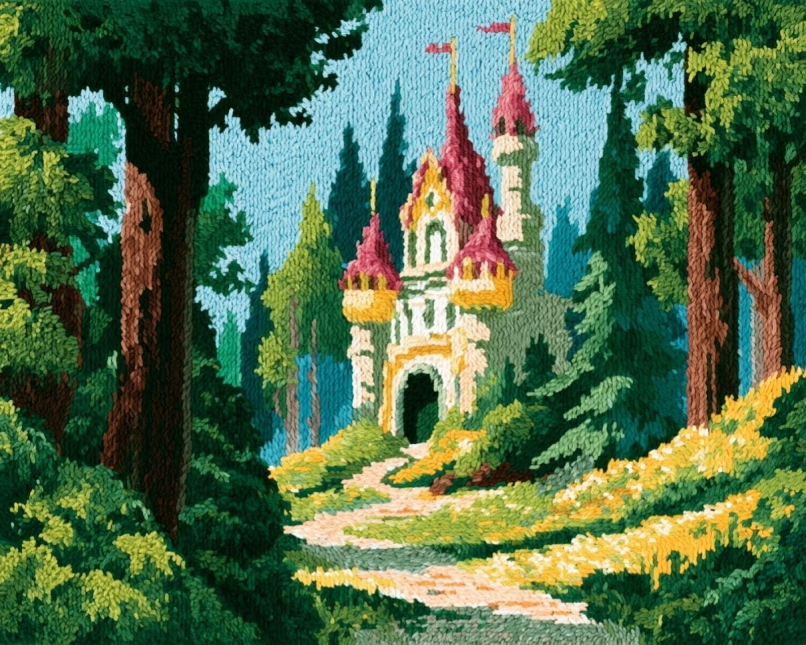 Wallphantom Latch Hook Rug Kit for Adults,Forest Castle Landscape