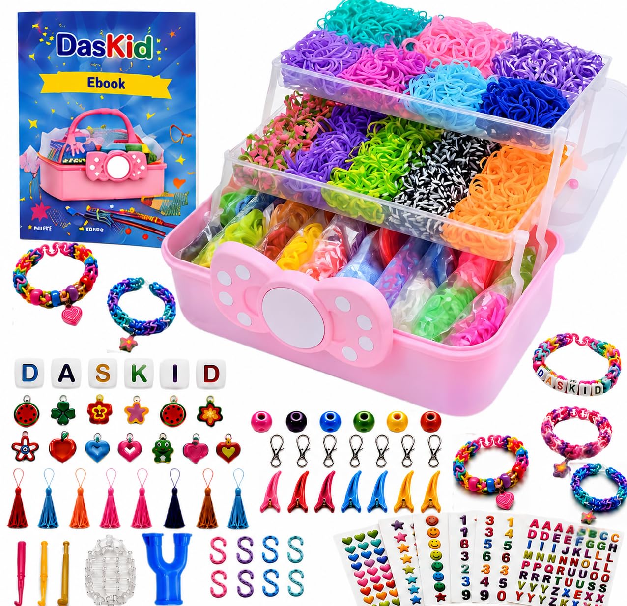 DasKid Kit de más de 17,000 bandas de telar, 32 colores vibrantes con calcomanías, tablero, cuentas del alfabeto, ganchos en S y llaveros, kit de manualidades en caja de almacenamiento rosa, regalo