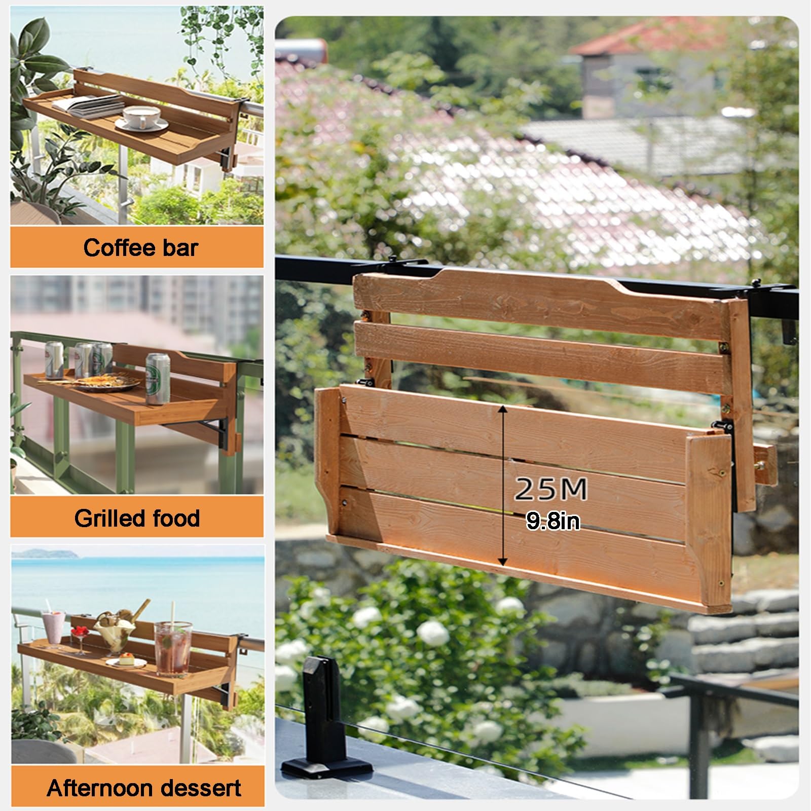 Mesa barandilla balcon，mesa plegable balcon colgante，mesa plegable madera，barra de bar exterior jardin，Terraza Patio Porche Barandilla Decoración，Mesa Colgante para Balcón(B-L90*W20CM/L35.4*W7.9IN)