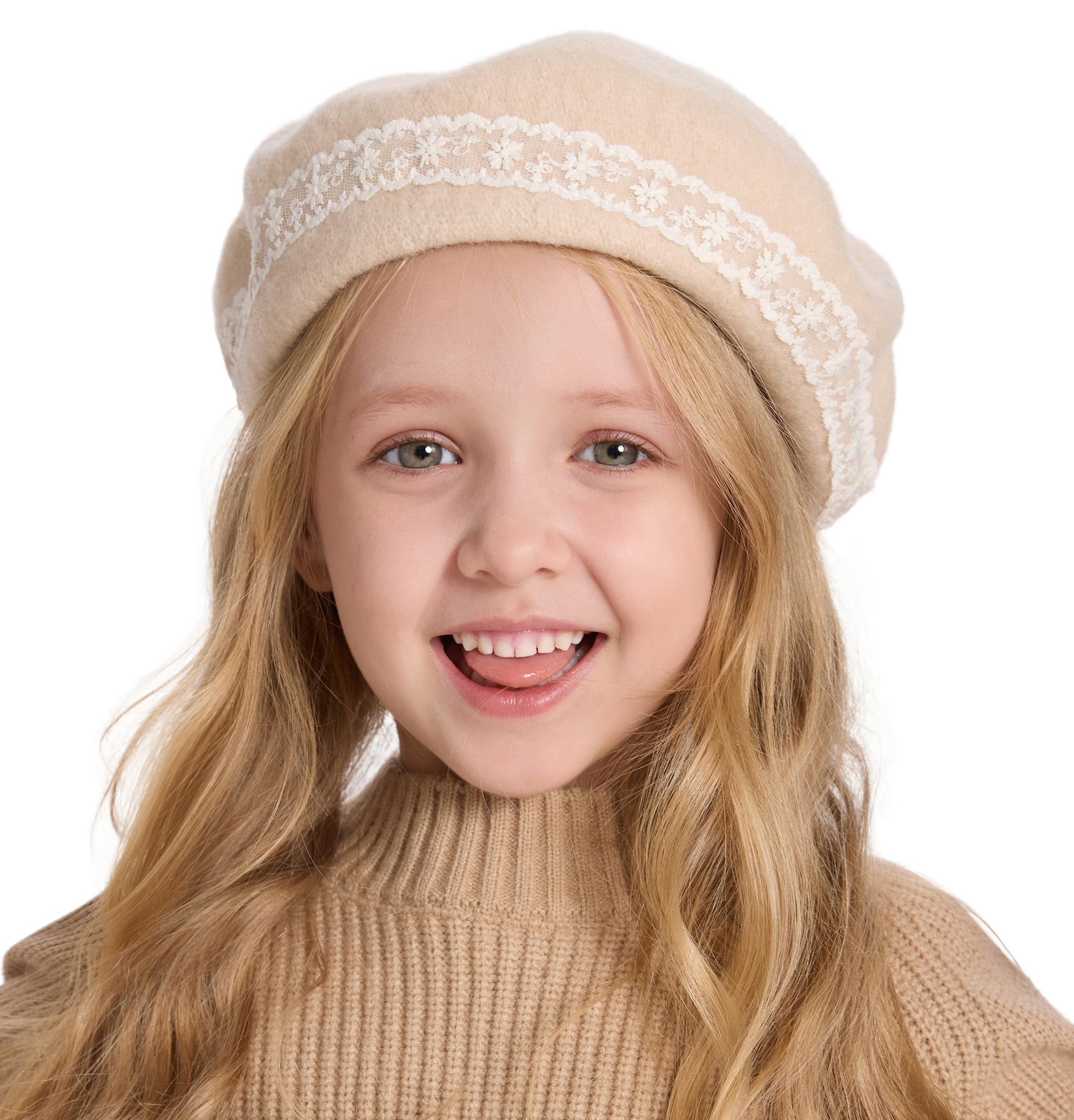 ZLYC Wool Kids Beret Hat Girls Solid Color Artist French Beret Cap(Lace Beige),One Size