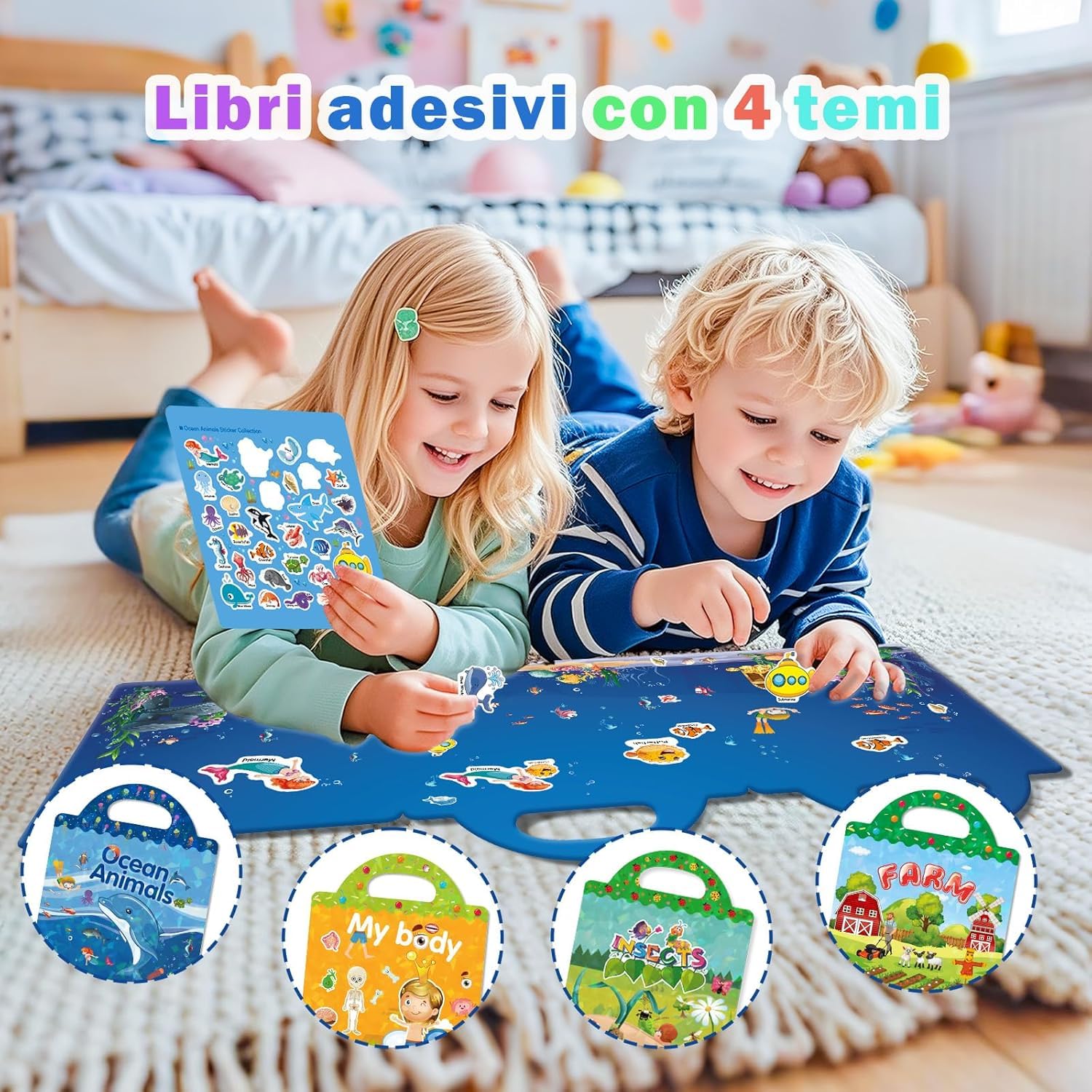 GUYUCOM 4 Pezzi Stickers Book: Libro Adesivi Attacca e Stacca Bambini 2 3 4 5 6 Anni Animali Marini, Parte del Corpo, Insetto, Giocattolo per Bambini, Regalo Educativo Compleanno Riutilizzabile