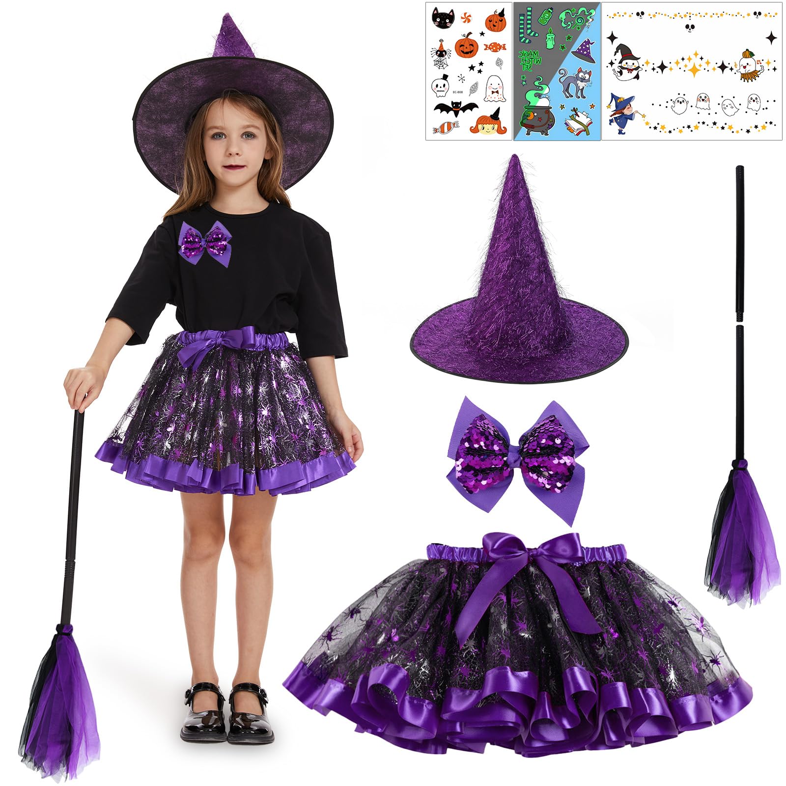Violettes Hexenkostüm Für Kinder 3–8 Jahre – 3-teilig Mit Tutu-Rock, Umkehrbarem Umhang & Hexenhut