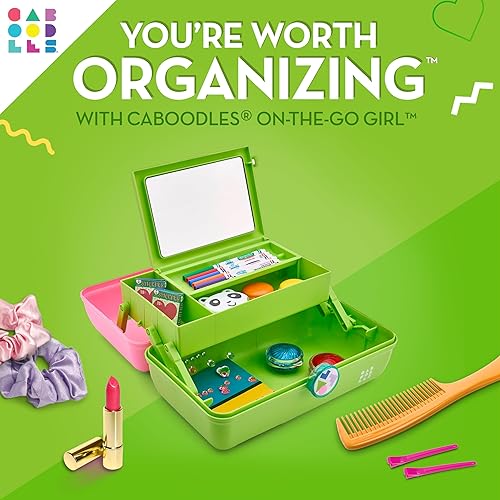 Miniatura 2 de Caboodles On-The-Go - Caja de maquillaje para niña, dos tonos rosa sobre verde neón, caja organizadora de maquillaje de plástico duro, espejo