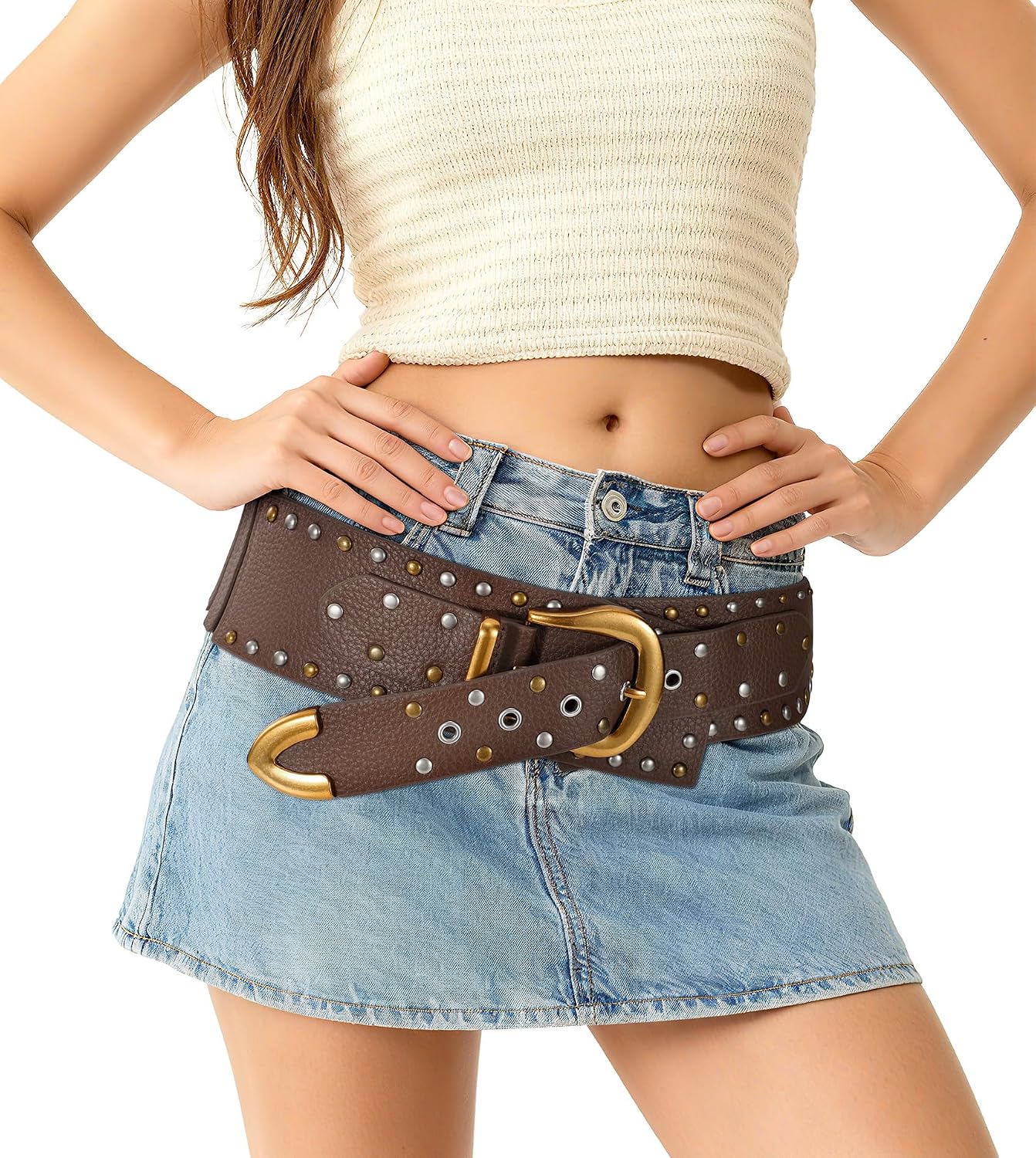 XZQTIVE Women Vintage Wide Elastic Studded Belt for Dress Outfit Western PU Leather Waist Corset Belt with Matte Gold Buckle