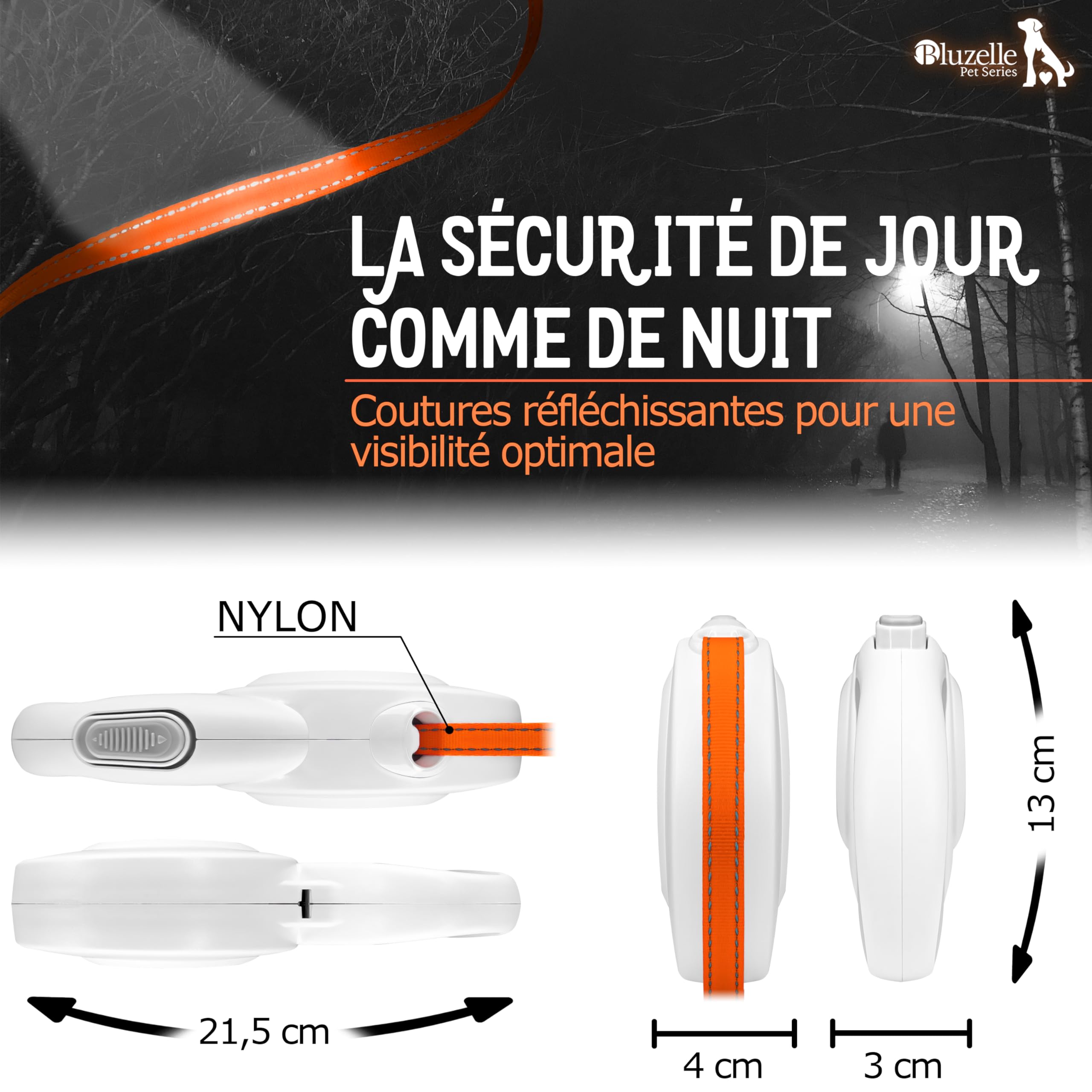 Laisse pour Chiens Grands jusqu'à 50kg, 8m Longue Longe Chien, Enrouleur de Sangle avec Orange Bande Lumineux et Mousqueton 360° Métal, Frein de Rétraction, Poignée Ergonomique, Blanc