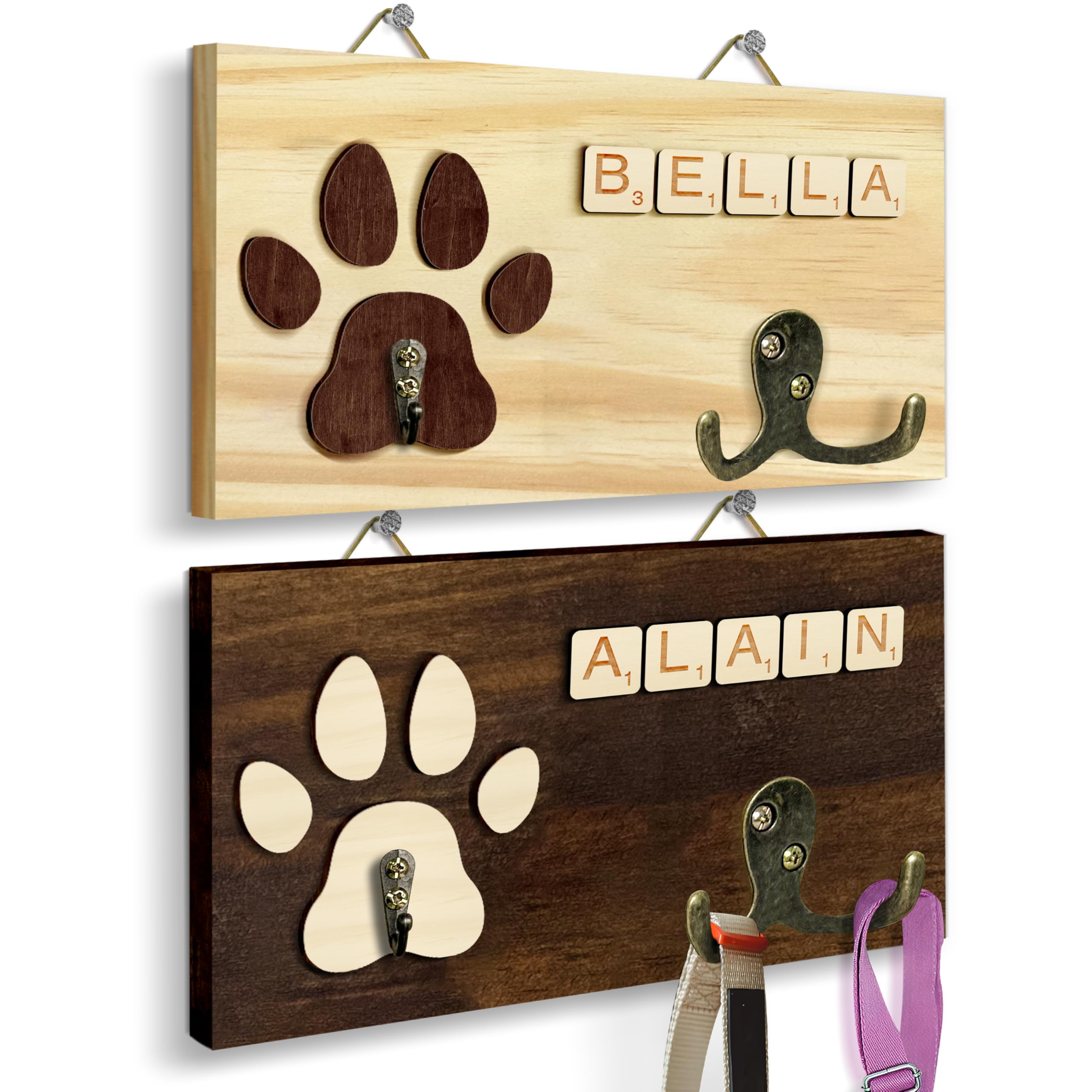 Personalized Dog Leash Holder Wall Mount, Pet Harness Hanger with Letter Tiles, Dog Collar Organizer for Entryway, Memorial Paw Leash Holder for Wall, Pet Loss Gift, Keepsake Home Decor