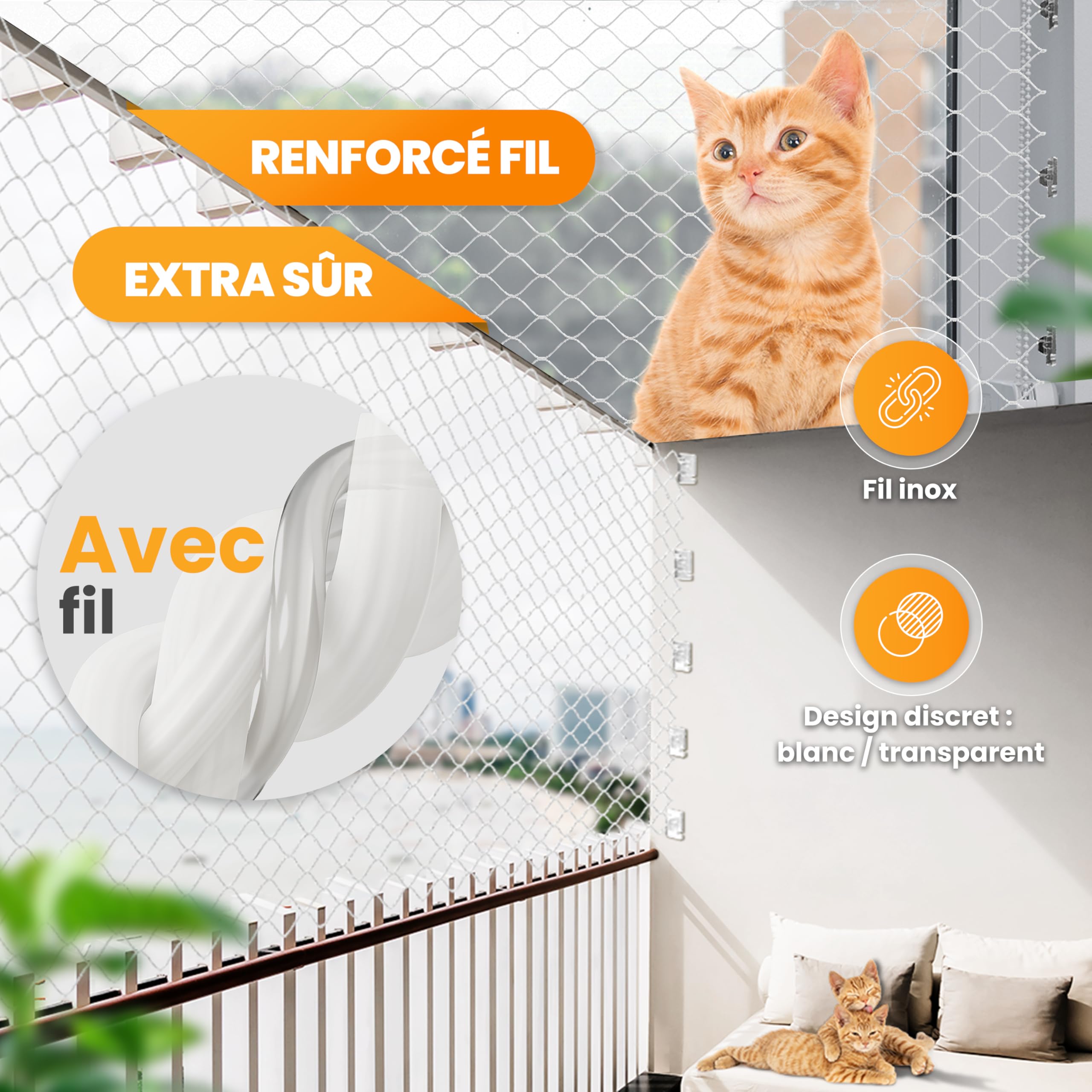 Naturiz Filet de protection pour chat balcon 3 x 8 m renforcé fil de fer transparent blanc crochet adhésif