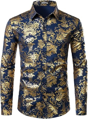 ZEROYAA Mens Luxury Paisley Floral Printed Button Down Shirt | Shiny, Stylish, Long Sleeve, Slim Fit, Party, Prom, Button Down, Fashion, Casual