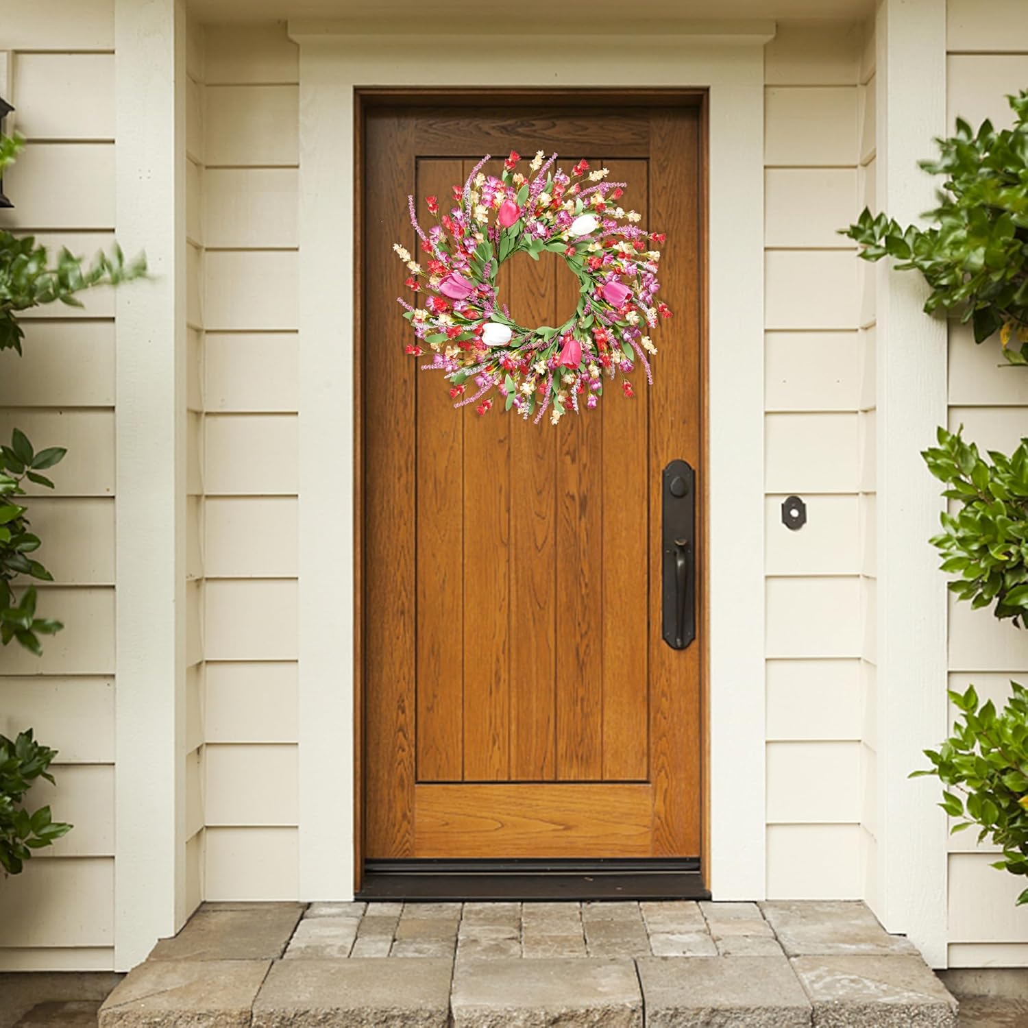 Sggvecsy Spring Summer Wreath for Front Door 22 Inch Artificial Colorful Flower Wreath with Colorful Tulips Greenery Leaves Lavender for All Seasons Home Farmhouse Indoor Outdoor Wall Decor (Mixed) - Image 3