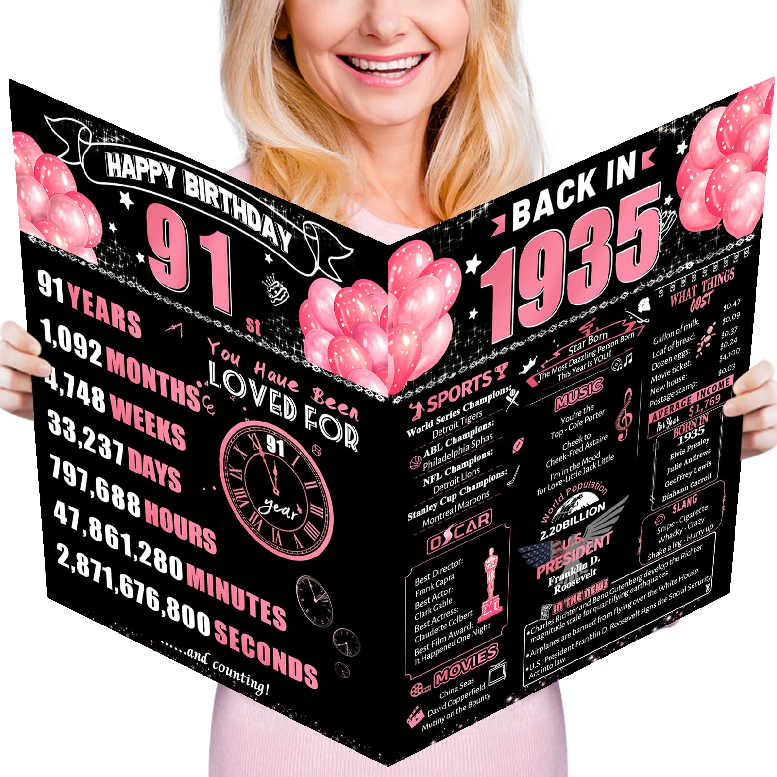 FOBELEC 91st Jumbo Birthday Card with Envelope, Black Pink Retro Birthday Decorations for Women and Men, 91 Year Old Funny Birthday Gifts for Grandma and Grandpa, Back in 1935