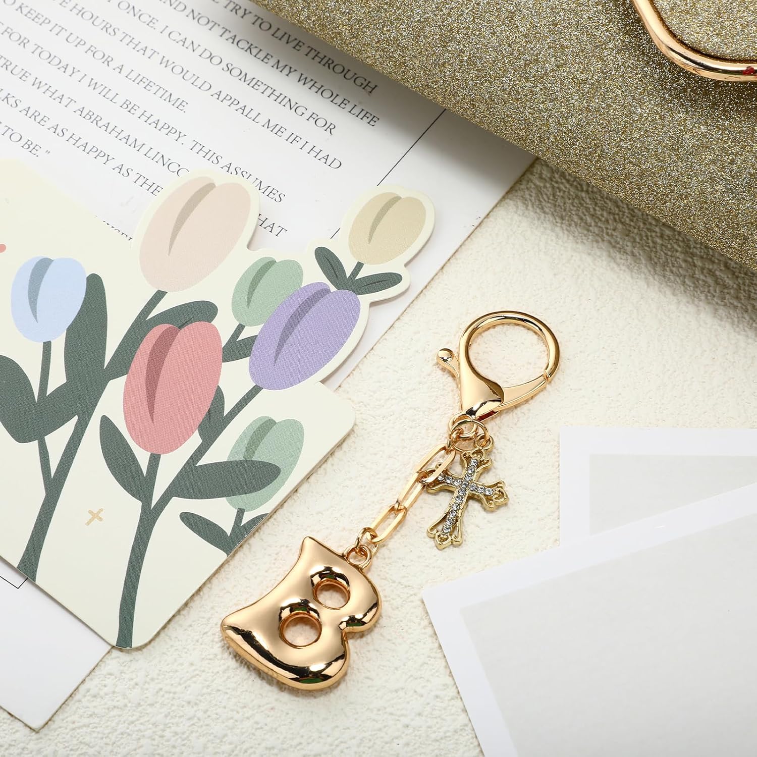 Bubble Initial Keychain with Cross - Gold Letter Bag Charms for Women, Cute Purse Charms & Handbag Accessories - Image 3